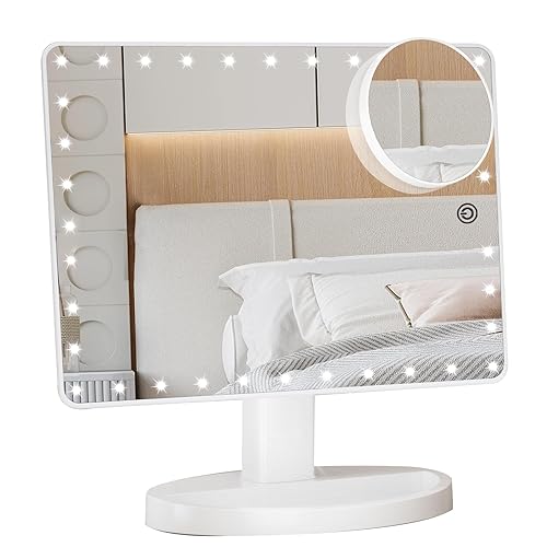 FUNTOUCH Large Lighted Makeup Mirror with Lights, Light Up Mirror with Small 10x Magnification for Desk, 360°Rotation Touch Screen,Brightness Adjustable Tabletop Cosmetic Vanity Make Up Mirror