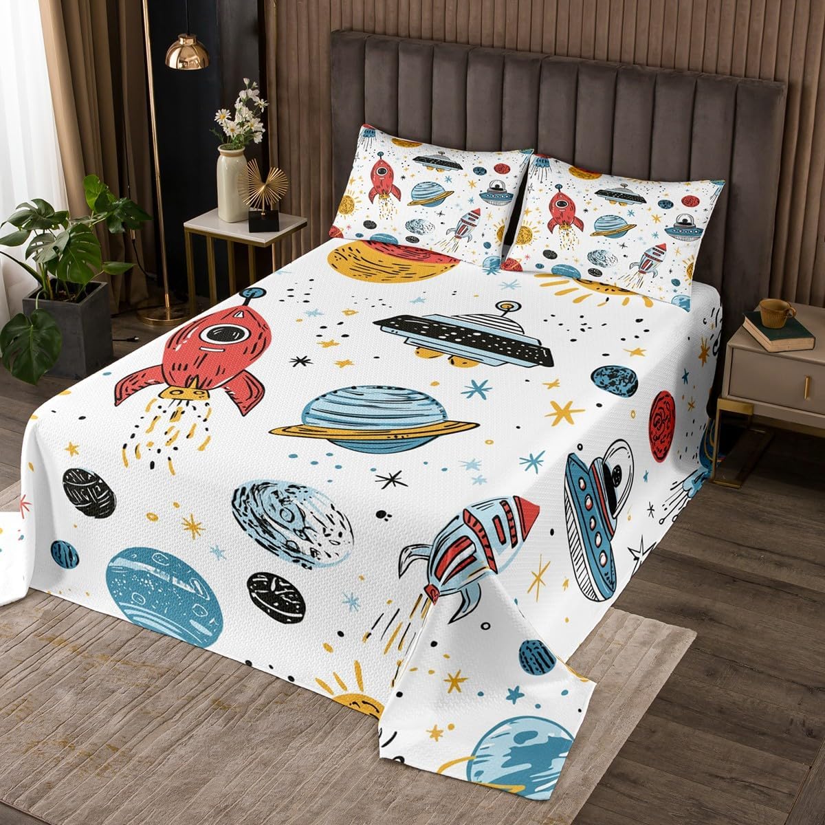 Erosebridal Boy Coverlet Set Twin Size Rocket Quilt Spaceship Bedspread Outer Space Galaxy Stars Planet Bedspread, Cartoon Style Quilt for Living Room Dorm Decorative