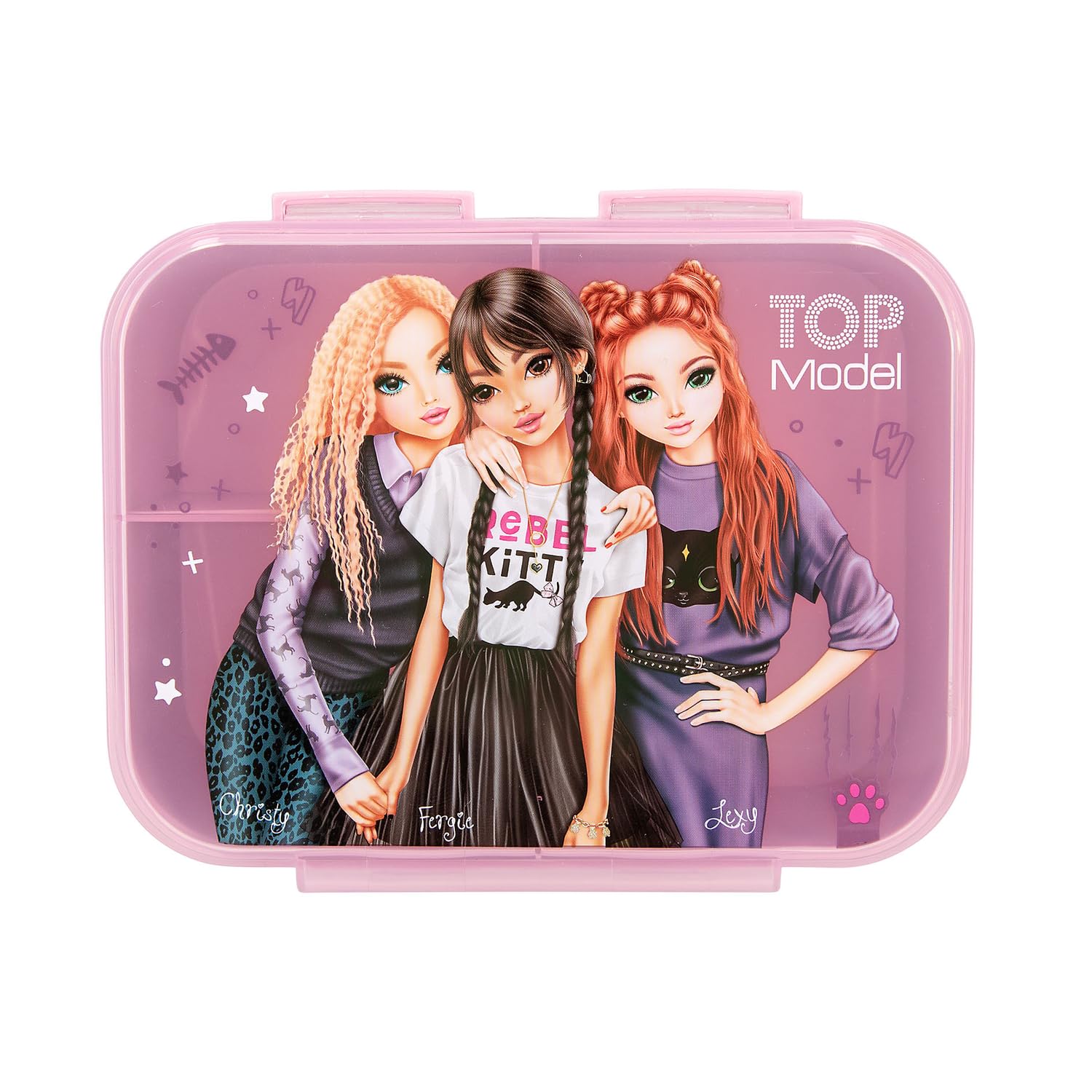 Depesche TOPModel Rebel Kitty 13257 Lunch Box in Purple with Model Motif and Leo Pattern, Lunch Box with 3 Compartments and Transparent Lid