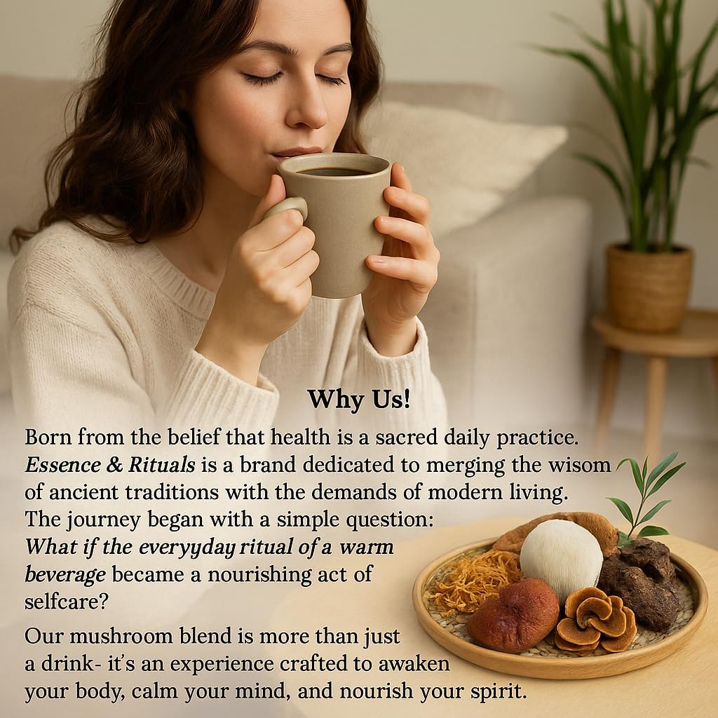 Essence & Rituals Organic Mushroom Coffee Instant Blend, 30 Servings | Lions Mane, Cordyceps, Reishi, Chaga, Shiitake & Turkey Tail | with Vitamin C + Hyaluronic Acid | Made in USA