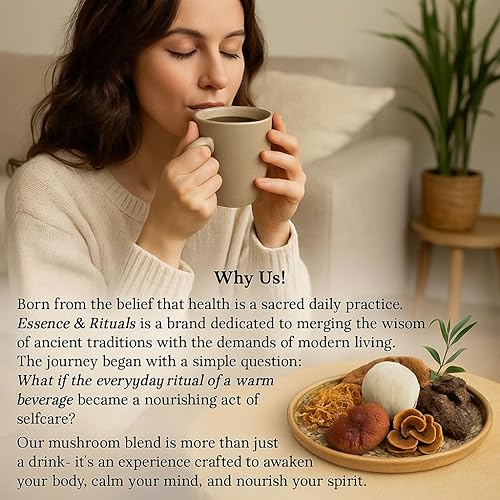 Miniatura 7 de Essence & Rituals Mezcla de café de champiñones café instantáneo descafeinado con melena de león, reishi, chaga, cordyceps, intestino, brain,