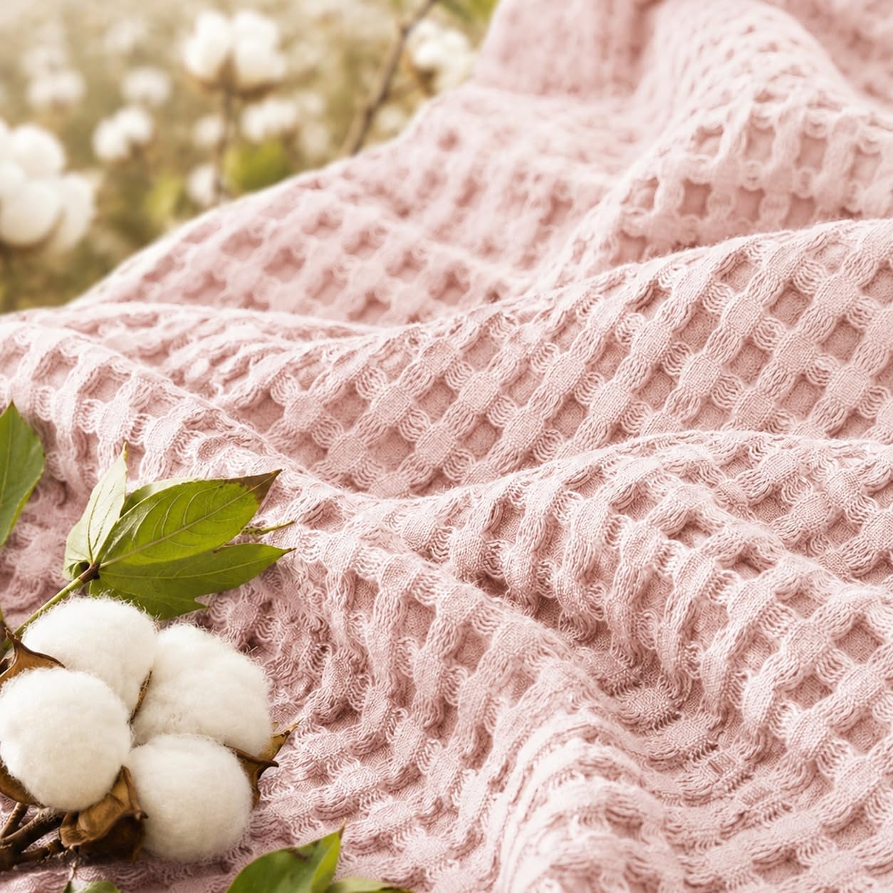 BOV Pink Blankets for Bed, 100% Cotton Waffle Full Size Blanket, Pre-Washed Soft Lightweight Breathable Summer Bedding, 78 x 90 Inches