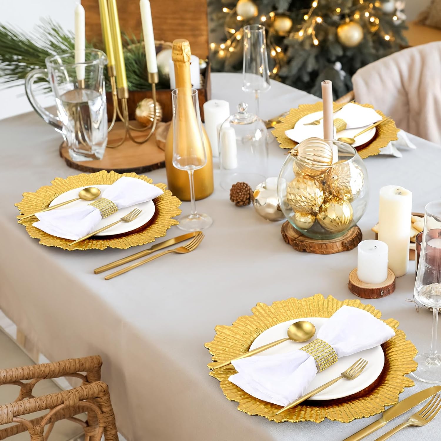 100 Sets Reef Gold Charger Plates Bulk with Napkin Rings Include 13" Round Chargers for Dinner Plates and Mesh Diamonds Napkin Rings for Table Setting, Wedding Party