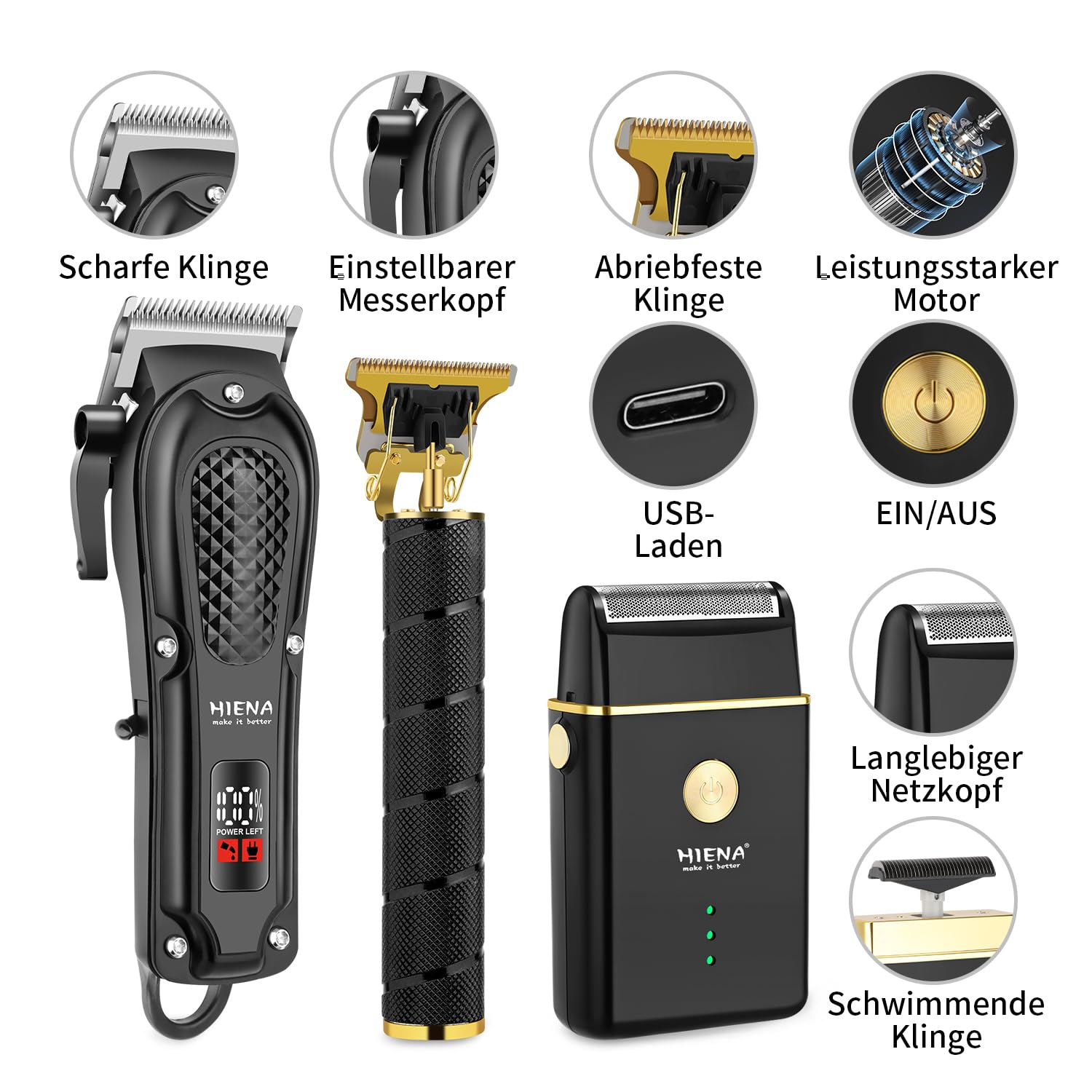 HIENA PRO Profi Haarschneidemaschine Set für Männer, Schnurloses Haarschneider, Barttrimmer, Folienrasierer Set, USB Wiederaufladbares Komplettes Elektrischer Haarschneide-Kit mit 8 Führungskamm