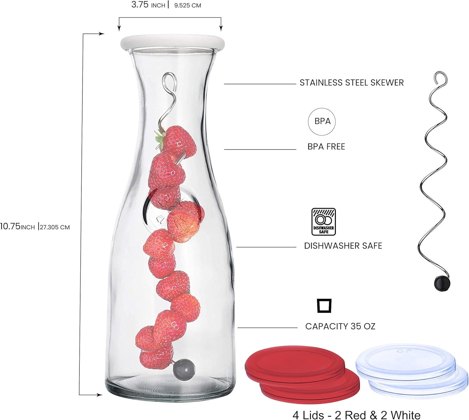 Glass Carafe with Lids and Stainless Steel Fruit Skewer for Mimosa Bar 34 oz Capacity. 4 Lids! Bedside Water Carafe, Orange Juice Container, Catering Drink Carafes & Pitchers for Parties