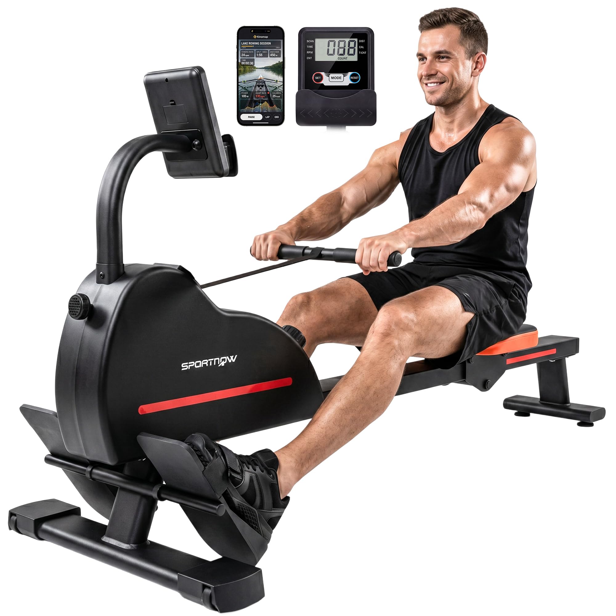 SPORTNOW Rameur Magnétique avec Bluetooth Appareil de Musculation Connecté Kinomap & Zwift - 16 Niveaux de Résistance - Rameur Silencieux avec Écran LCD pour Sport à la Maison et Perte de Poids, Rouge