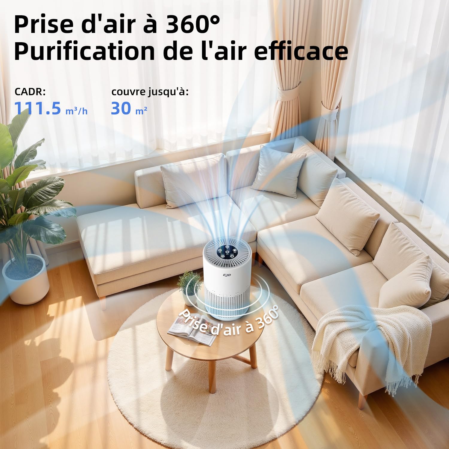 Purificateur d'air silencieux pour chambre à coucher, filtre HEPA H13 à 3 niveaux, 3 vitesses, mode nuit (12 dB) pour éliminer le pollen, la poussière, les squames d'animaux et les odeurs.