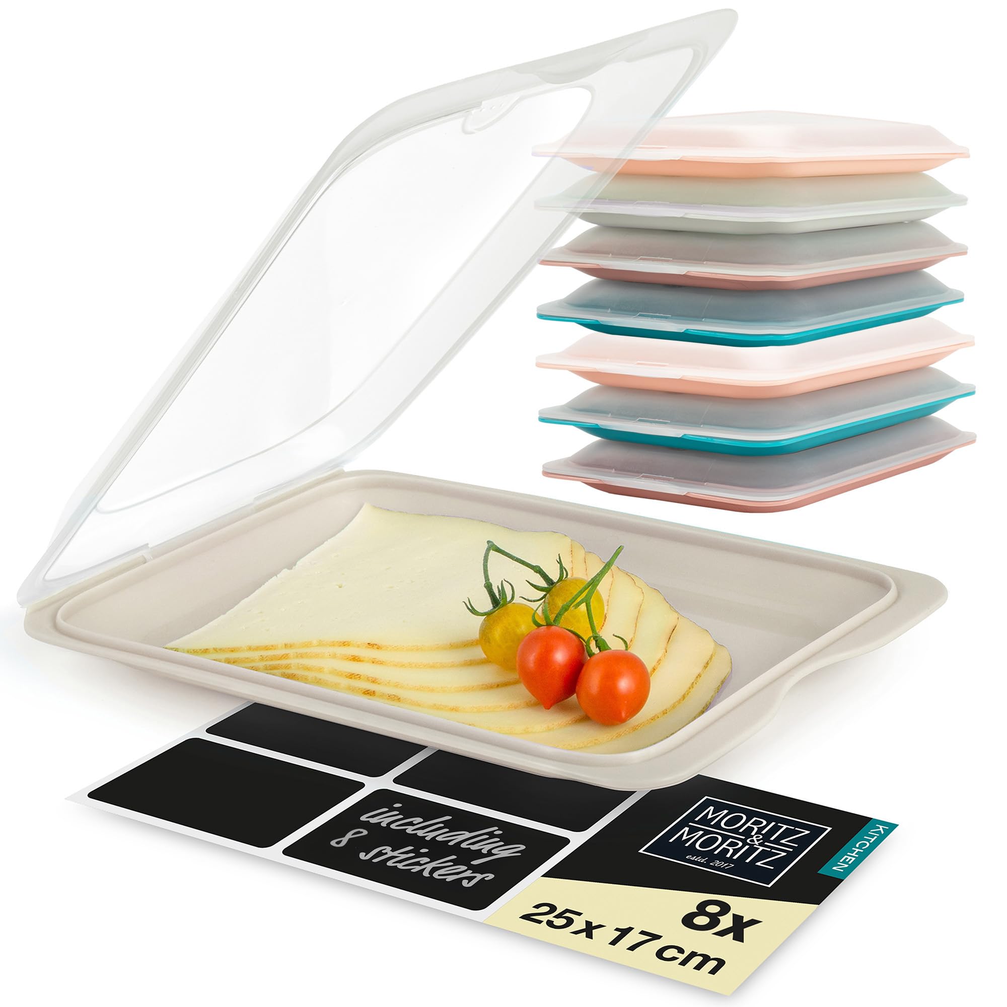 Moritz & Moritz 8X Cold Meat Containers for Fridge - Stackable - Colourful - Airtight Cold Cuts Storage Containers with Lids for Storing Cold Meats, Cheese etc. - with Stickers for Labelling