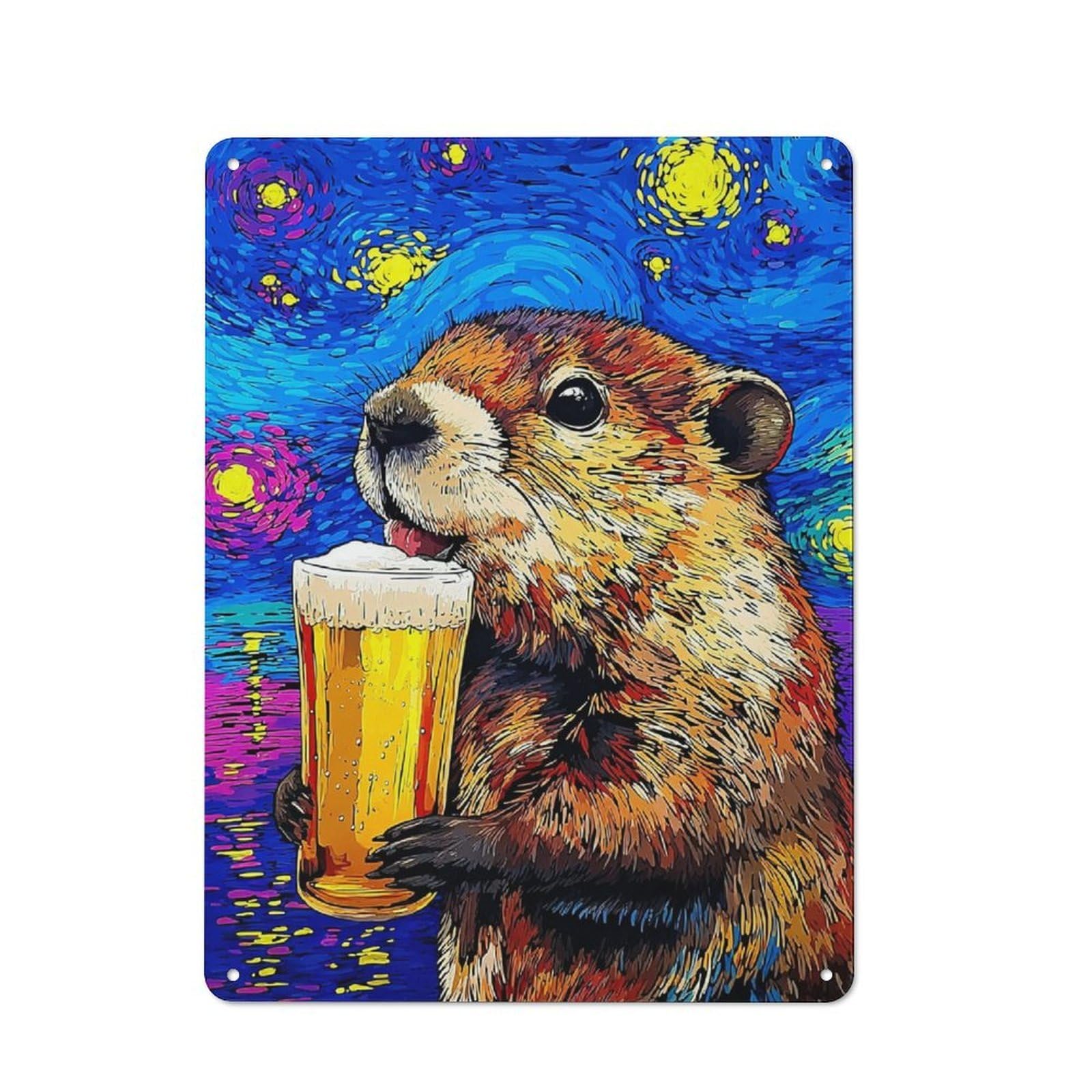Decorative Tin Plaque with Groundhog Drinking Beer Design 40x30cm, Classic Novelty Wall Art for Flat, Dorm Room, Lounge Or Cafe