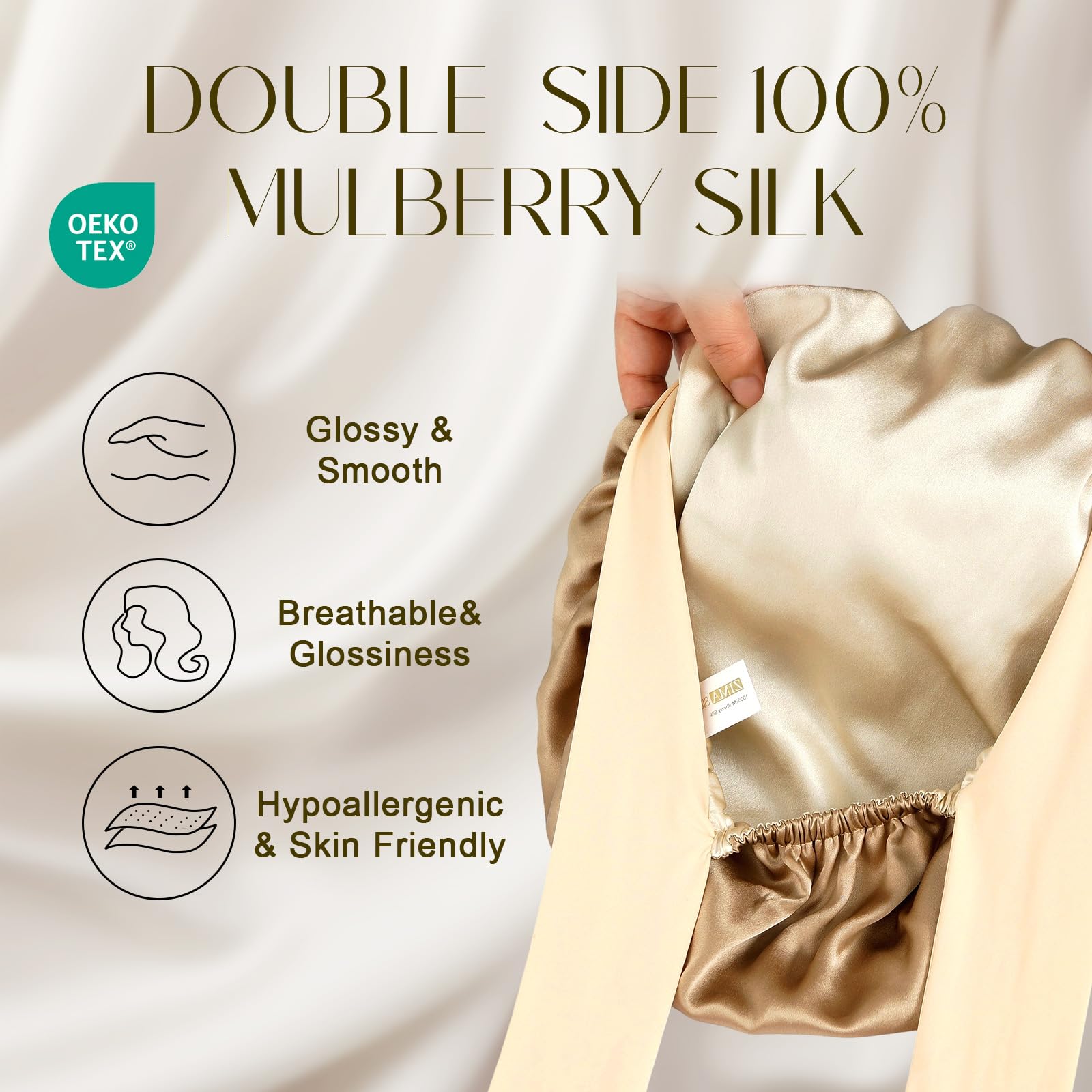 ZIMASILK 100% Mulberry Silk Bonnet for Sleeping Shower Caps Women Long Hair Double Layer Silk Hair Wrap with Elastic & Tie Band Cooling Hair Caps for Hair Care Stay On Head (1Pc - Image 2