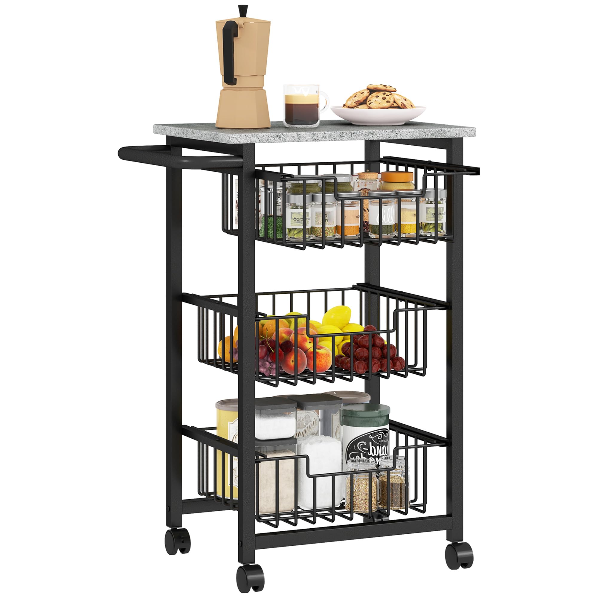 HOMCOM Carrello Cucina a 4 Ripiani, Carrellino Cucina Salvaspazio con Cestini Estraibili, Maniglia in Acciaio e Ruote a Freni, Carrello Portafrutta e Verdure, per Soggiorno Salotto, Grigio