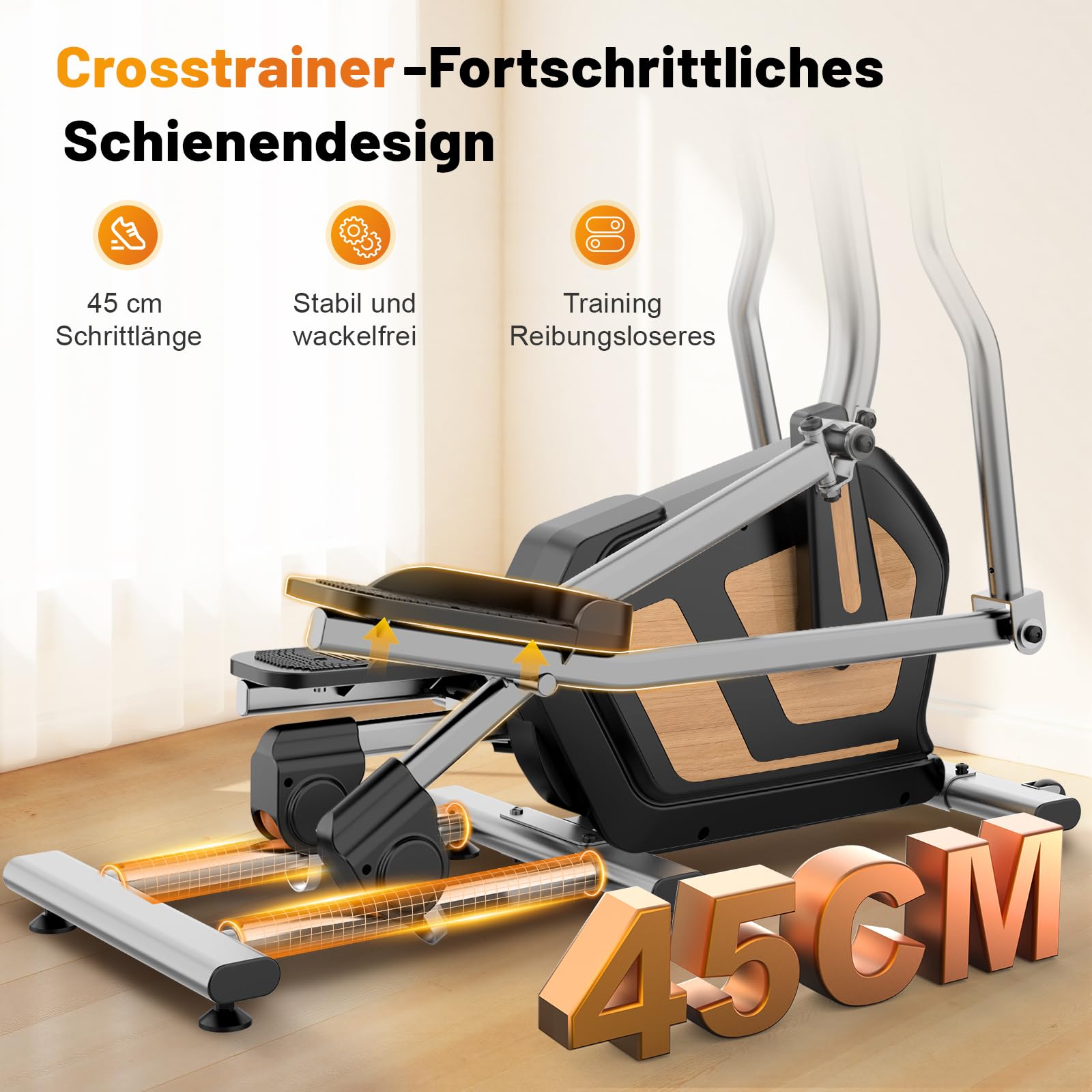 Crosstrainer für Zuhause, Magnetischer Ellipsentrainer mit 16 Widerstandsstufen, 10kg Schwungrad, 45cm Schrittlänge, App Kompatibel, Pulssensor, bis 150kg