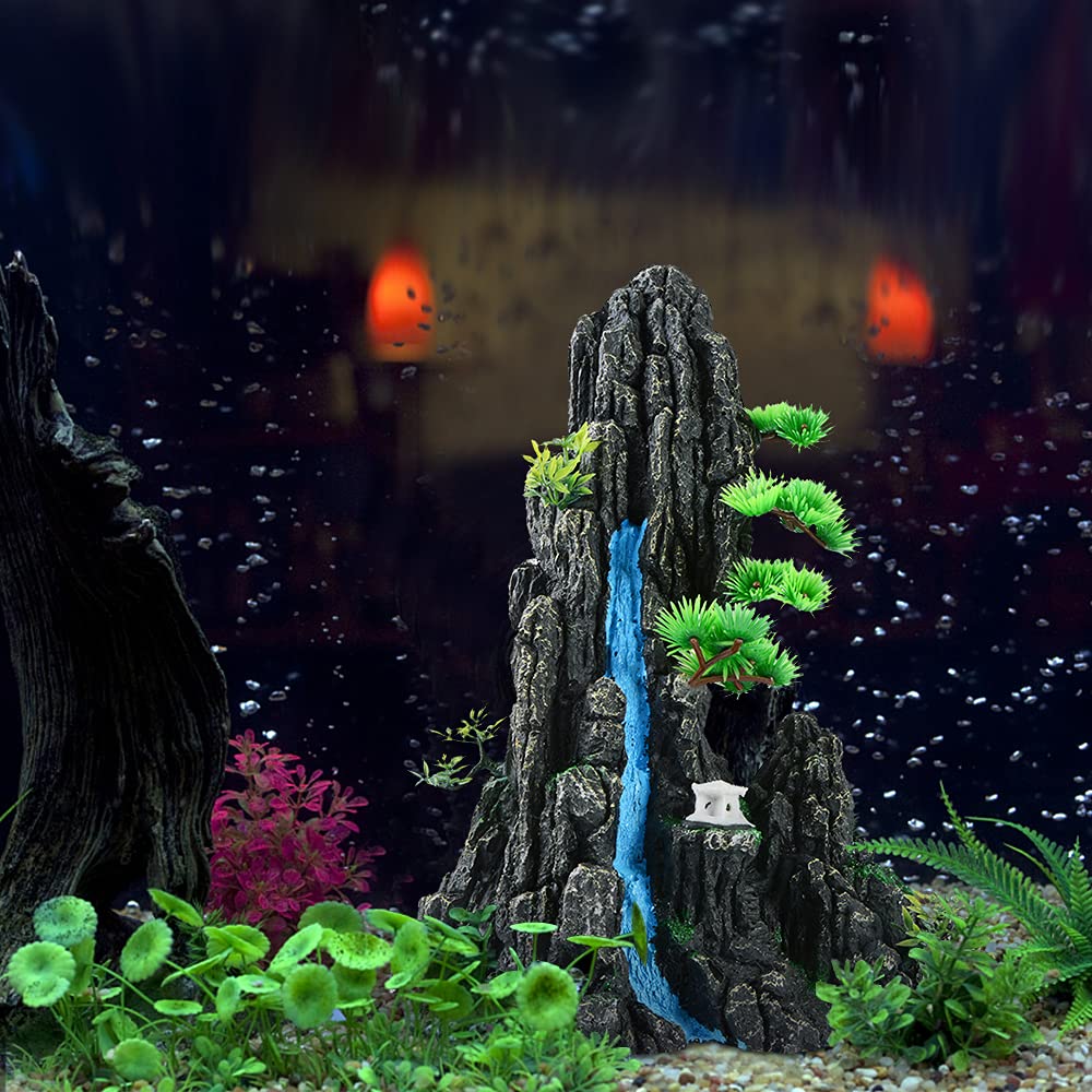Decoración de acuario con vista a la montaña, piedra de cueva de peces con decoración de plantas de plástico para accesorios de pecera Betta