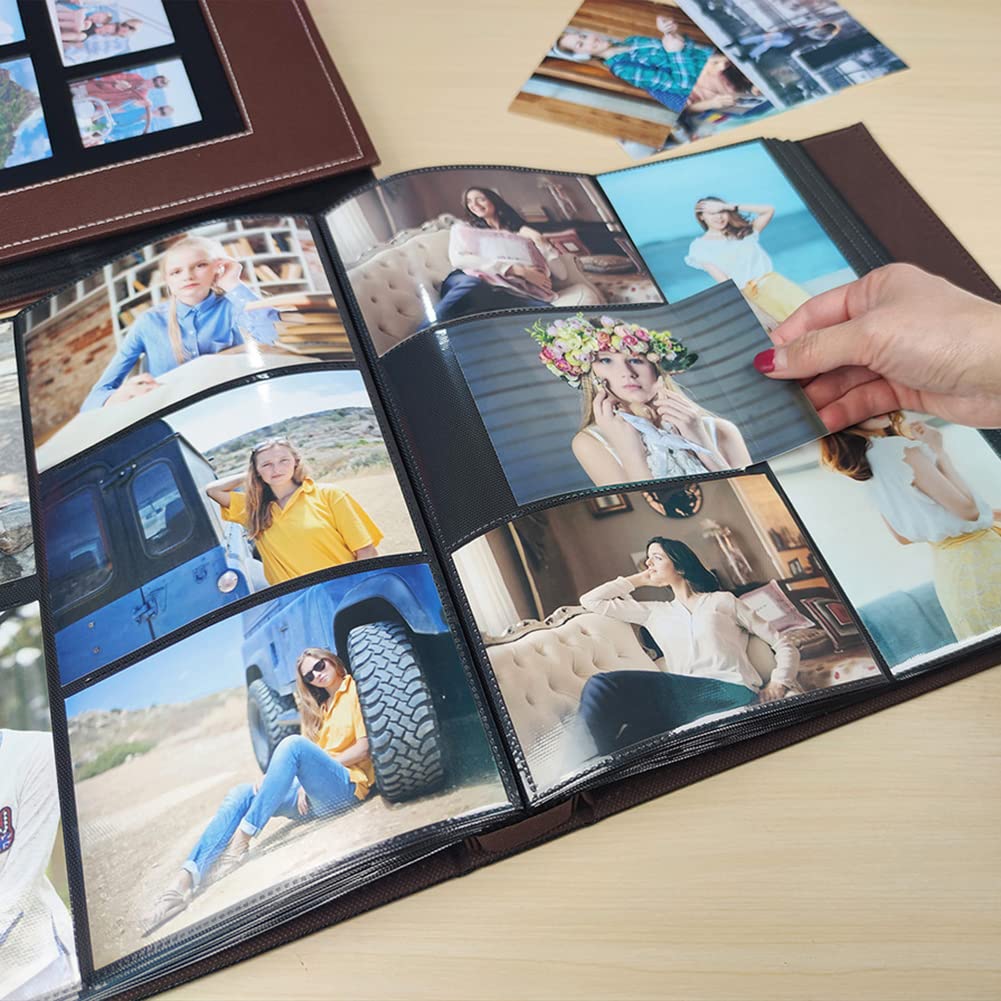 Album de Photos avec Couverture Transparente et 10x15cm 600 Pochettes Photos Horizontales et Verticales Pages Noires Couverture en PU Cuir Albums Photos de Mariage en Famille,31.5x34CM(120 pages),Marron