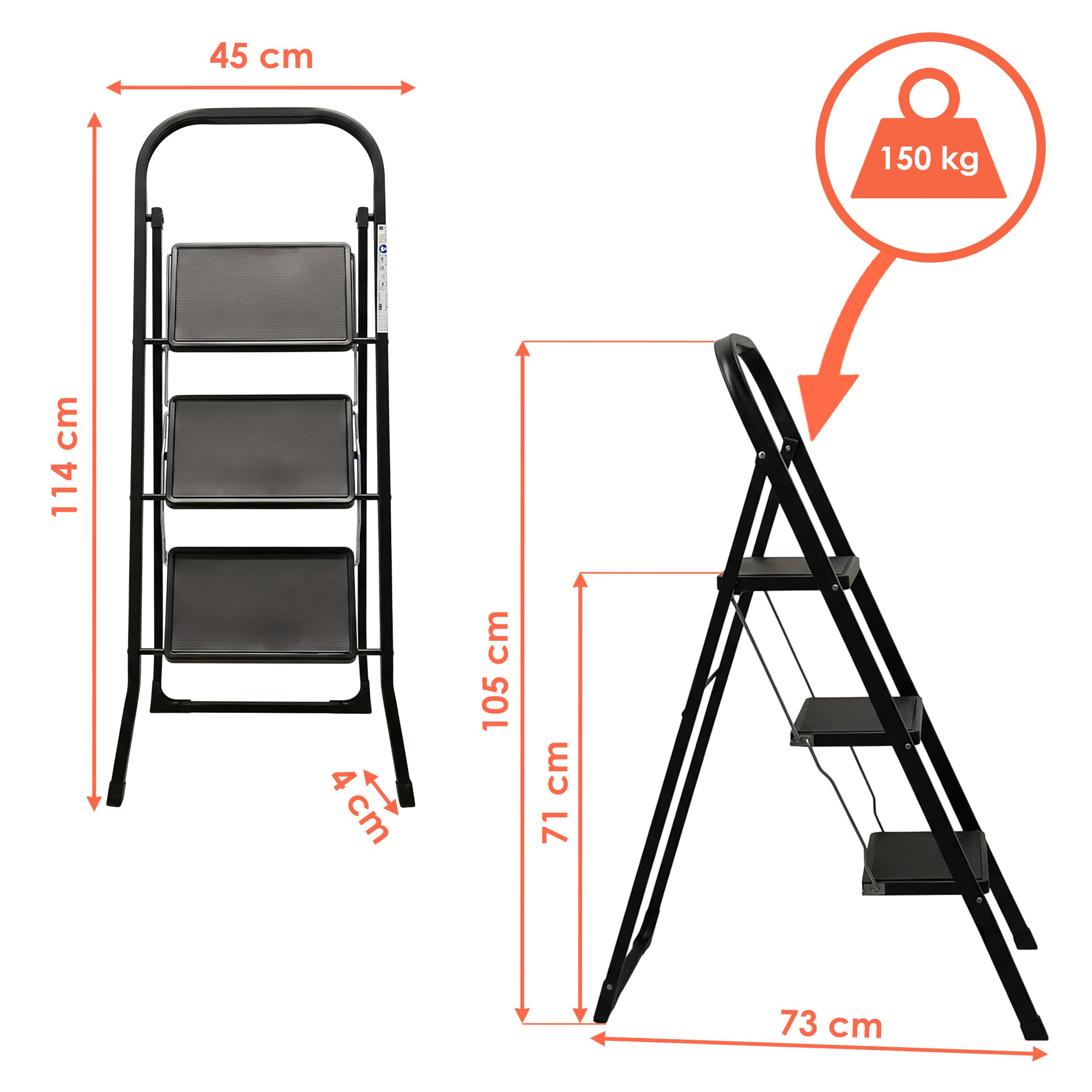 Escabeau pliable en acier à 3 marches - Charge maximale : 150 kg - 105 x 73 cm - Antidérapant - Noir - Avec 3 marches et sécurité pliante - Certifié TÜV