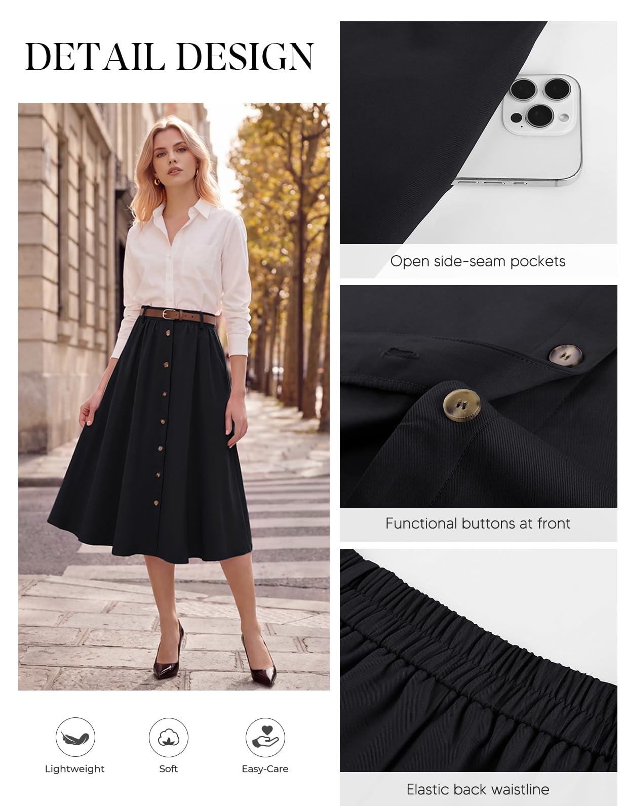 Belle Poque Klassisch Lässig Rock Damen A‑Linie Midi‑Rock elastischer Bund | Taschen und Knopfverschluss, leicht elastischer, klassisch lässiger Midi‑Rock