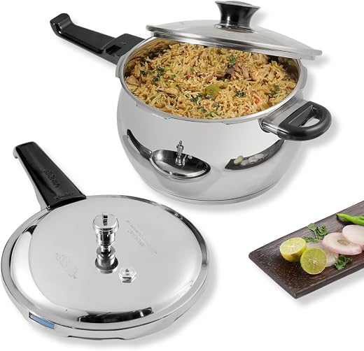 Vinod Splendid Plus Stainless Steel Pressure Cooker Outer Lid 5.5 Litre | SAS Bottom Handi Cooker | Extra Glass Lid | Indu...