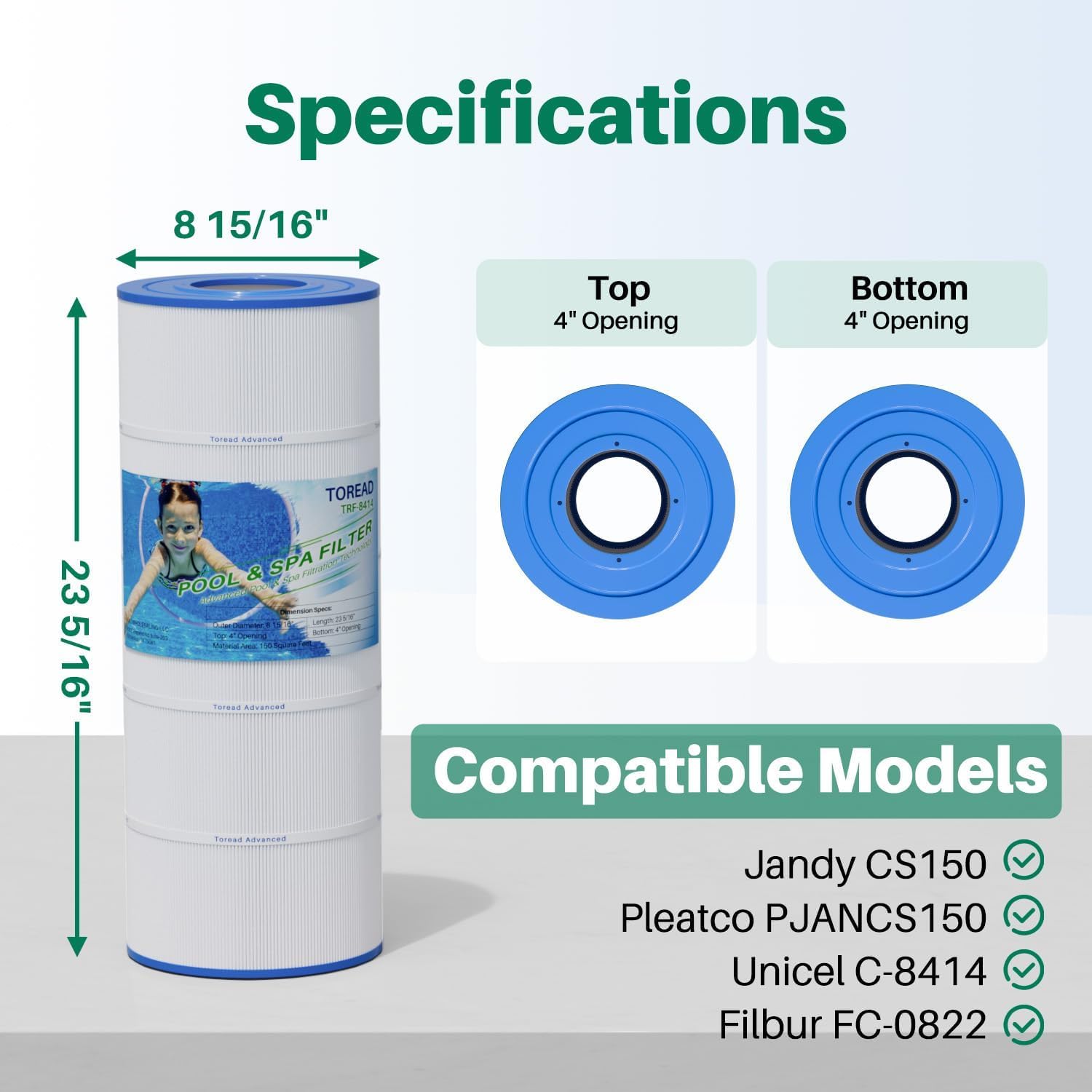 TOREAD Filtro piscina CS150 compatibile con Jandy CS150, X-Stream CC1500, confezione | Compatibile con CCX1500RE, X-Stream 150, PJANCS150, R0462300, C-8414, FC-1287, Star-Clear Plus C1502,150 Sq. Ft.