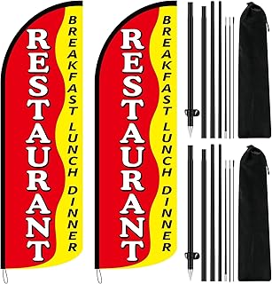 2 Pcs 8.2ft Restaurant Breakfast Lunch Dinner Feather Banner Flag with Pole Windless Feather Swooper Flag Banner Sign Kit for Restaurant Outdoor Business Advertising