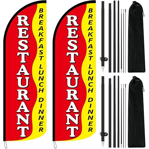 2 Pcs 8.2ft Restaurant Breakfast Lunch Dinner Feather Banner Flag with Pole Windless Feather Swooper Flag Banner Sign Kit for Restaurant Outdoor Business Advertising