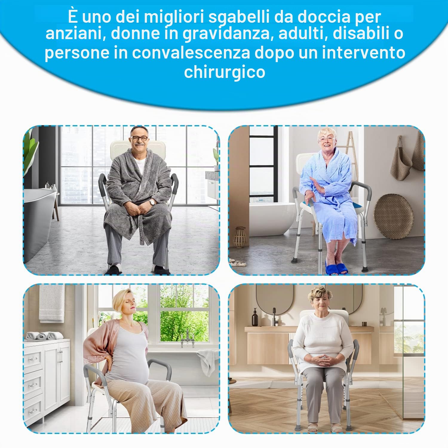 Sgabello da doccia con bracciolo, schienale, antiscivolo, per il bagno e per la doccia, regolabile in altezza, 41-53,5 cm, fino a 136 kg, per anziani e donne incinte (M1-GGP8887c)
