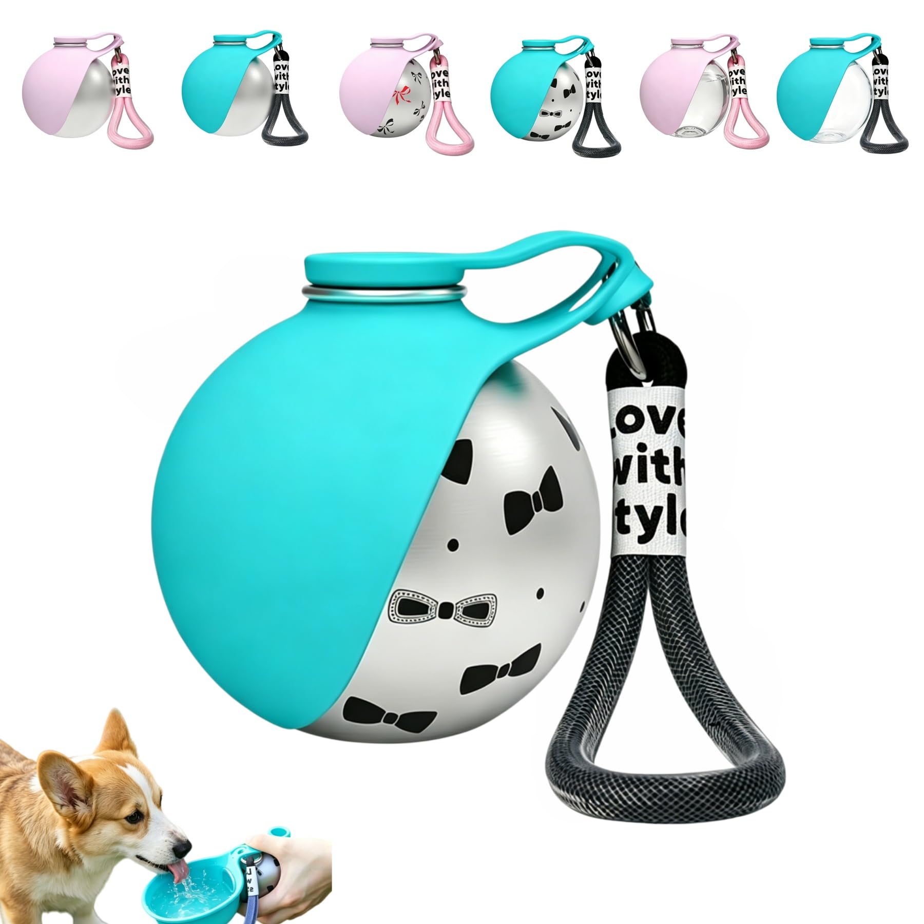Wisfancy Stainless Steel Dog Water Bottle for Walking, 285ML Portable Dog Water Bottle, Dog Travel Water Bottle with Bowl for Small Dogs, Cats, Travel and Camping (Printed-Blue)