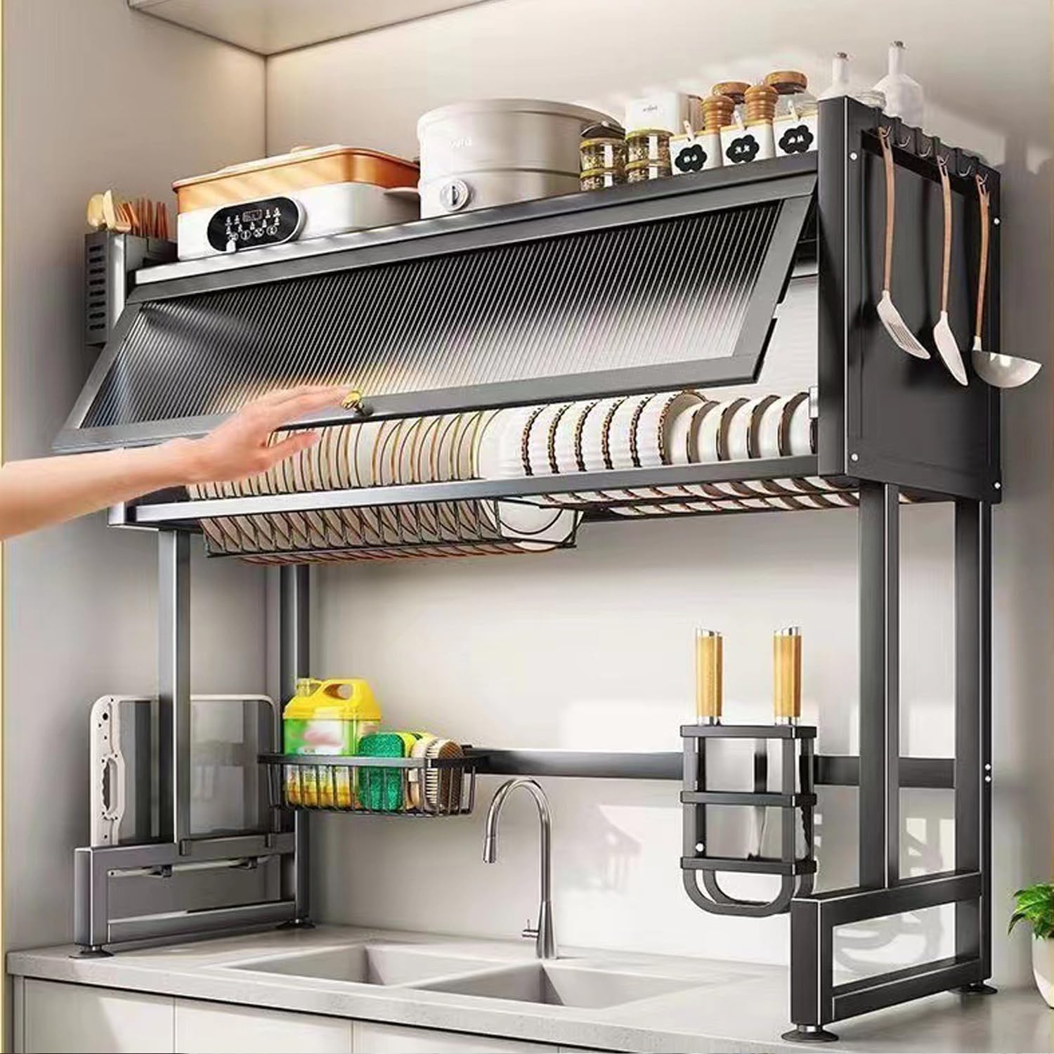 Escurridor de platos sobre el fregadero, escurridor de platos sobre el fregadero para almacenamiento de platos y cubiertos en la cocina, estante para platos que ahorra espacio con tapa, (negro,
