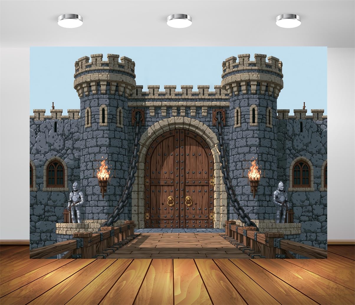 BELECO 5.2x3m Sfondo in tessuto Castello Medievale in Pietra | Porta Fortezza In Pietra Antica Ponte Levatoio Catene In Ferro Statue Cavalieri Torce Fiammanti Telo Di Sfondo