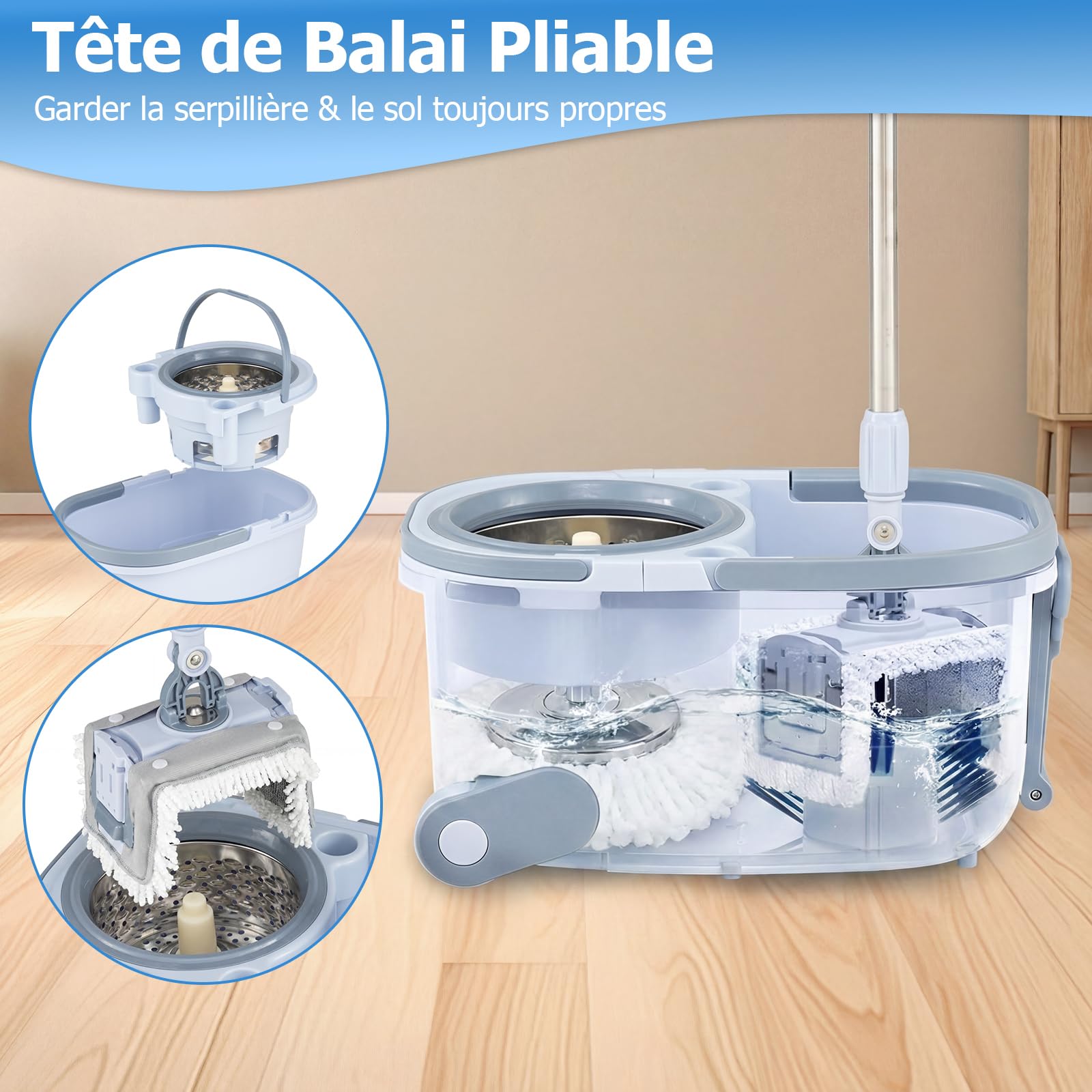 COSTWAY Ensemble Serpillère et Seau, Lavage Mains Libres avec Double Seau, Serpillère Rectangulaire & Serpillère Ronde, 2 Tampons, Serpillère de Nettoyage en Profondeur à 360° pour Sols, Murs, Maison