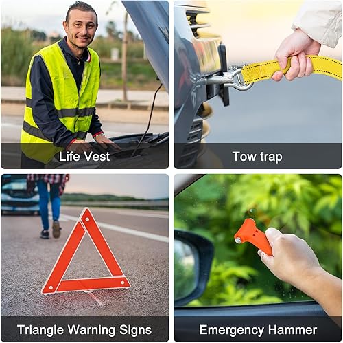 Miniatura 5 de Kit de seguridad para automóvil, kit de emergencia de 14 piezas, kit de emergencia para vehículos con cables de puente, kit de emergencia para