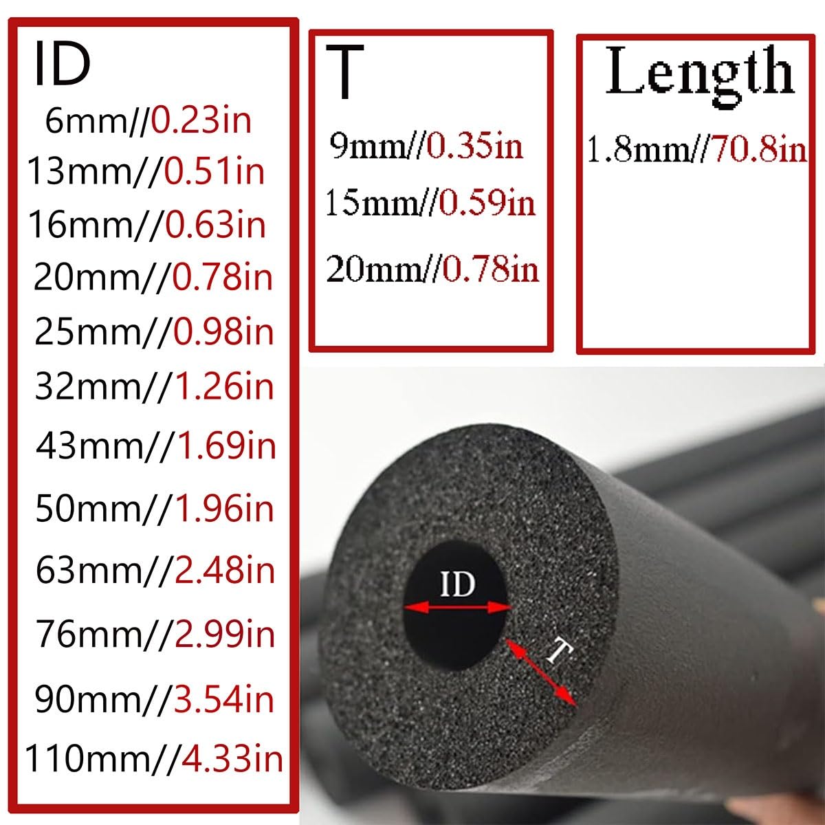 Wąż piankowy do izolacji rur wodnych 6 mm 13 mm 16 mm 20 mm 25 mm 32 mm 43 mm izolacja rury o wysokiej gęstości do użytku na zewnątrz i wewnątrz uchwyt do basenu (rozmiar: T20 mm X ID90 mm x dł. 1,8