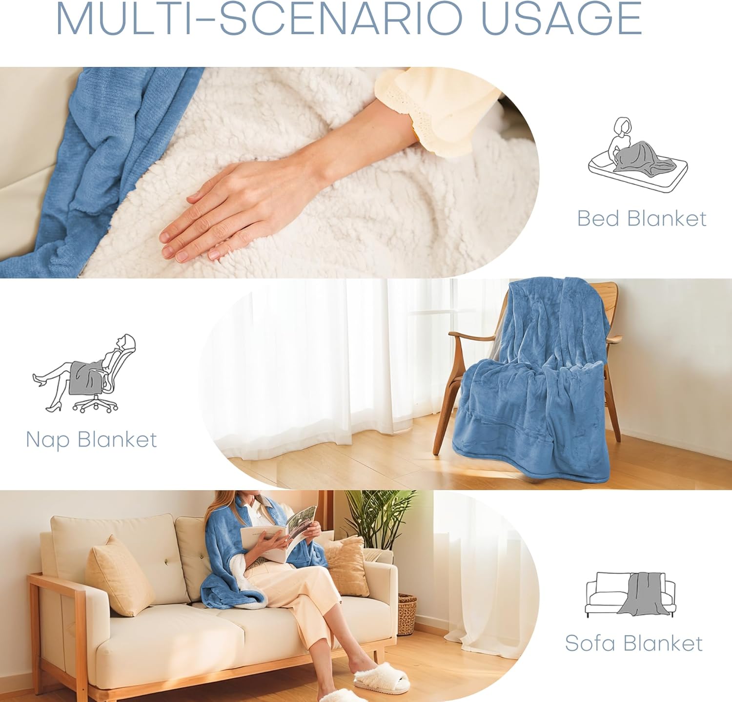 Electric Heated Blanket Throw Size 50"x60" - Flannel & Sherpa Fabric Dual-Sided, 6 Heat Settings & 1-3 Hours Auto Off, Soft & Cozy Warming Throw for Home, Office, or Bed, Machine Washable, Slate Blue - Image 4