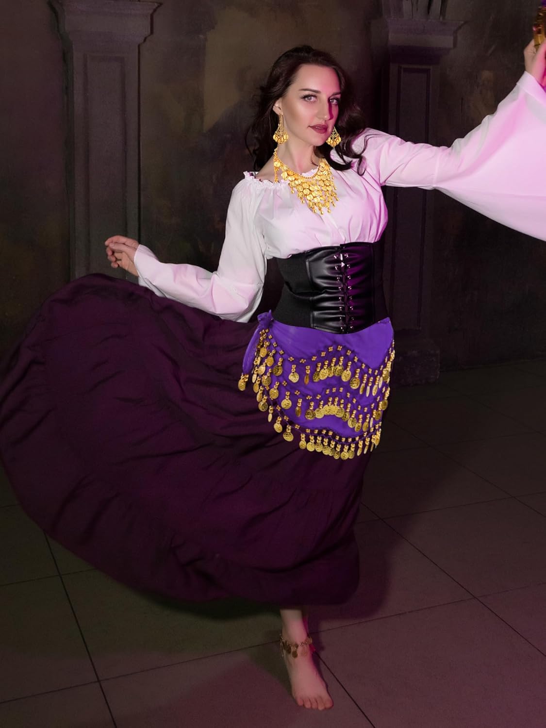 Hicarer Belly Dance Hip Scarf for Women Gypsy Costume Set Hip Skirt Gold Necklace and Earrings Dance Outfit Accessories - Image 5