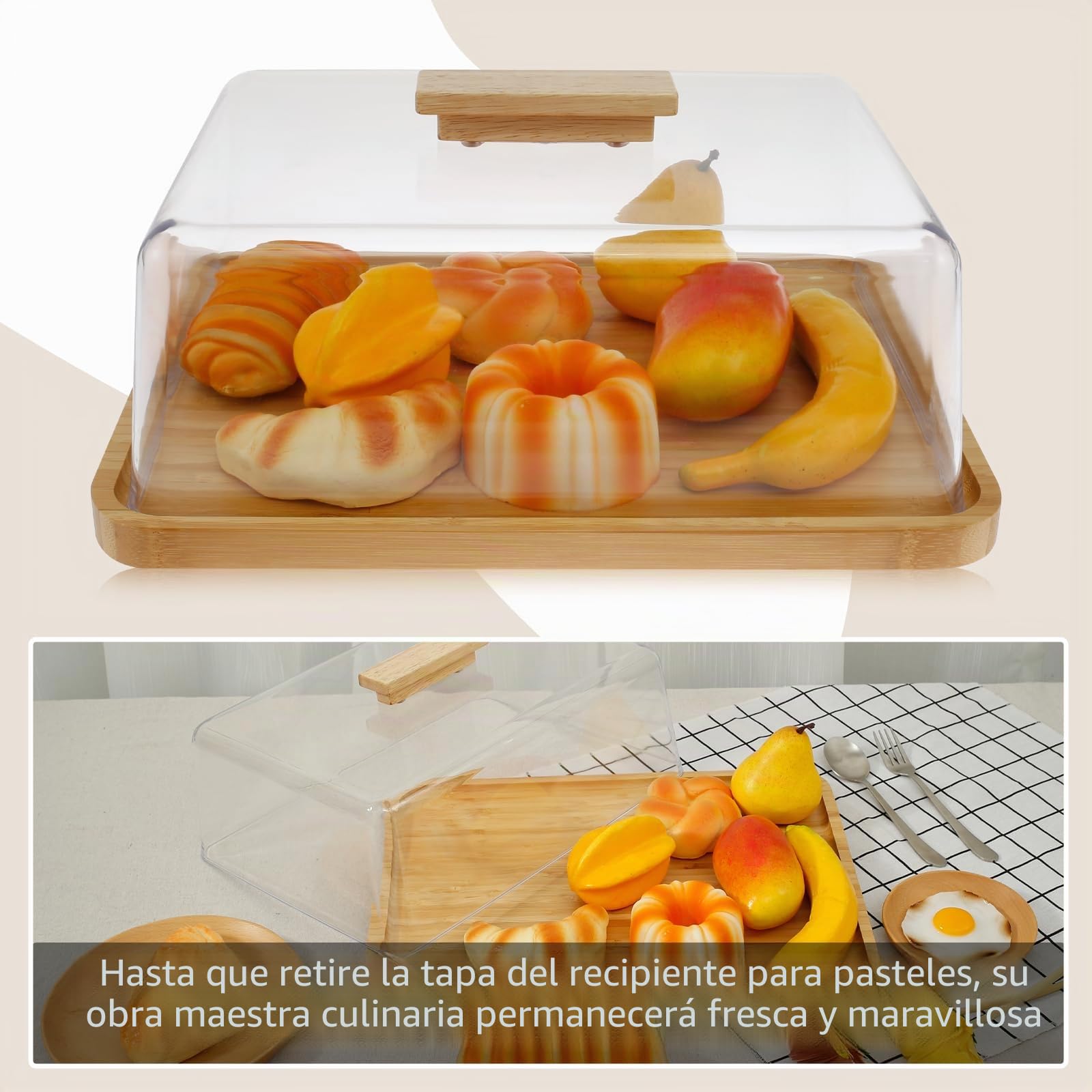 Soporte de bambú para tartas con tapa de cúpula de 36,5 x 27 x 15 cm, plato rectangular para cupcakes, bandeja de servidor, tabla de queso para cumpleaños, boda, fiesta, pan, postres