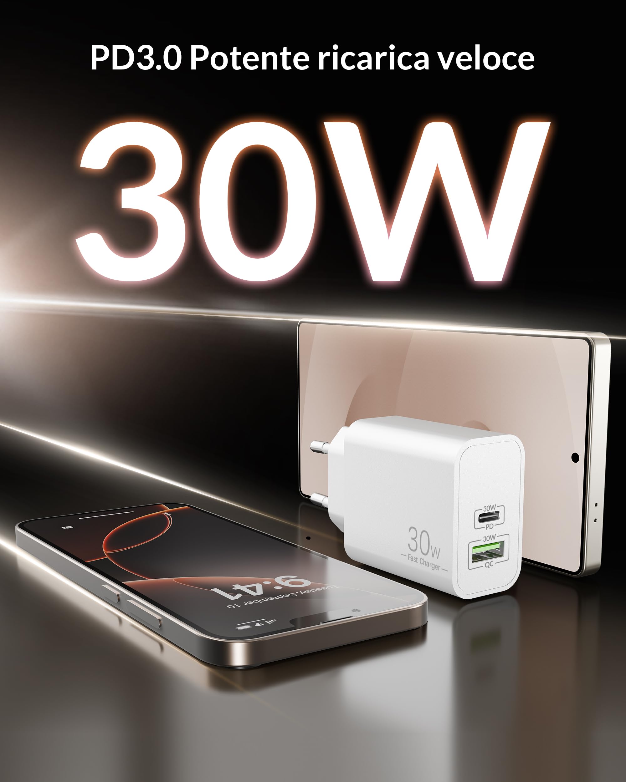 Caricatore USB C 30W GAN - 2 Porte Con Display LED, Per IPhone E Android - Foto 4