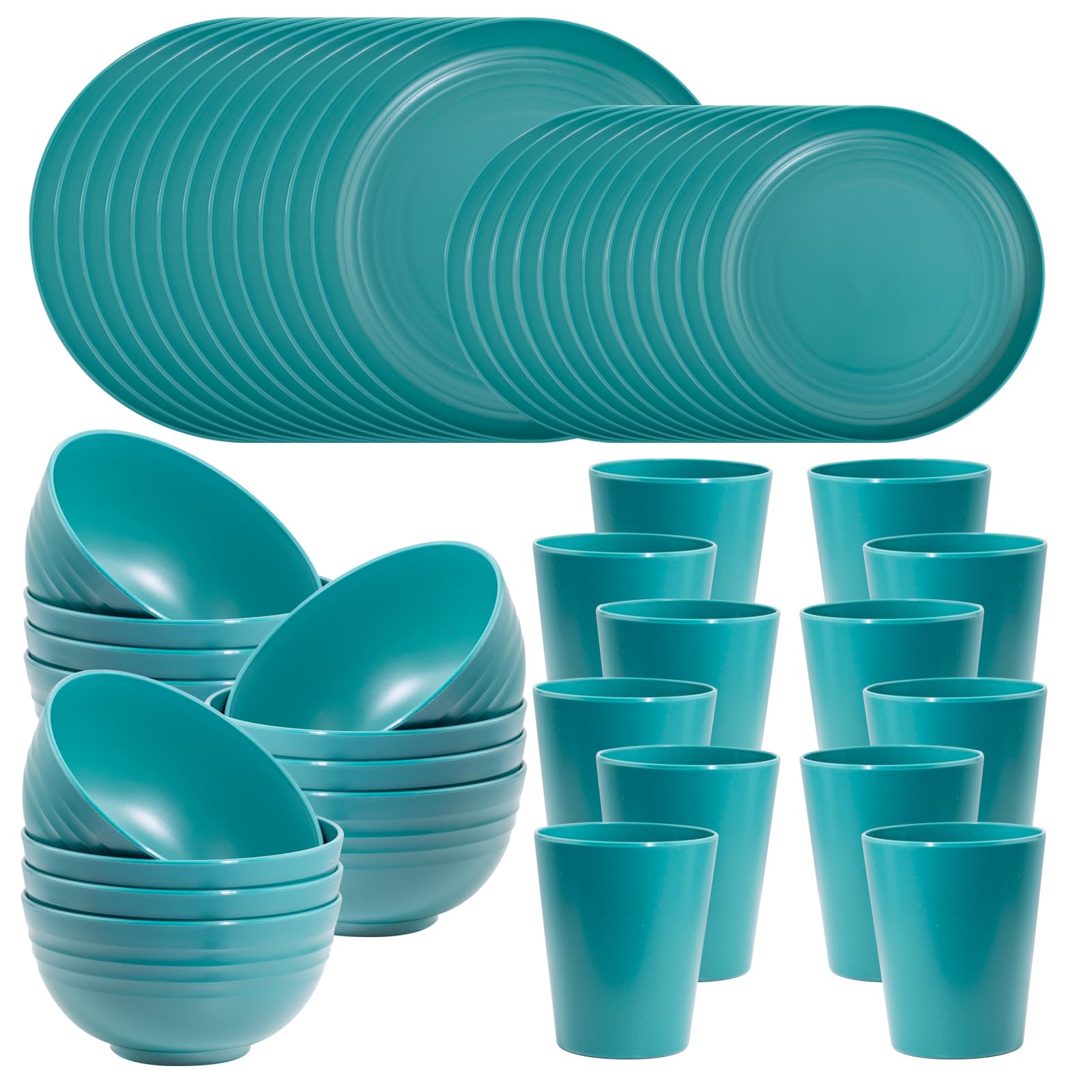 LIYH 48pcs Dark Green Wheat Straw Dinnerware set of 12,Plates and Bowls Set,Plastic Plates Reusable,Green Dishwasher and Microwave Safe,Unbreakable Dinnerware,Camping Plates