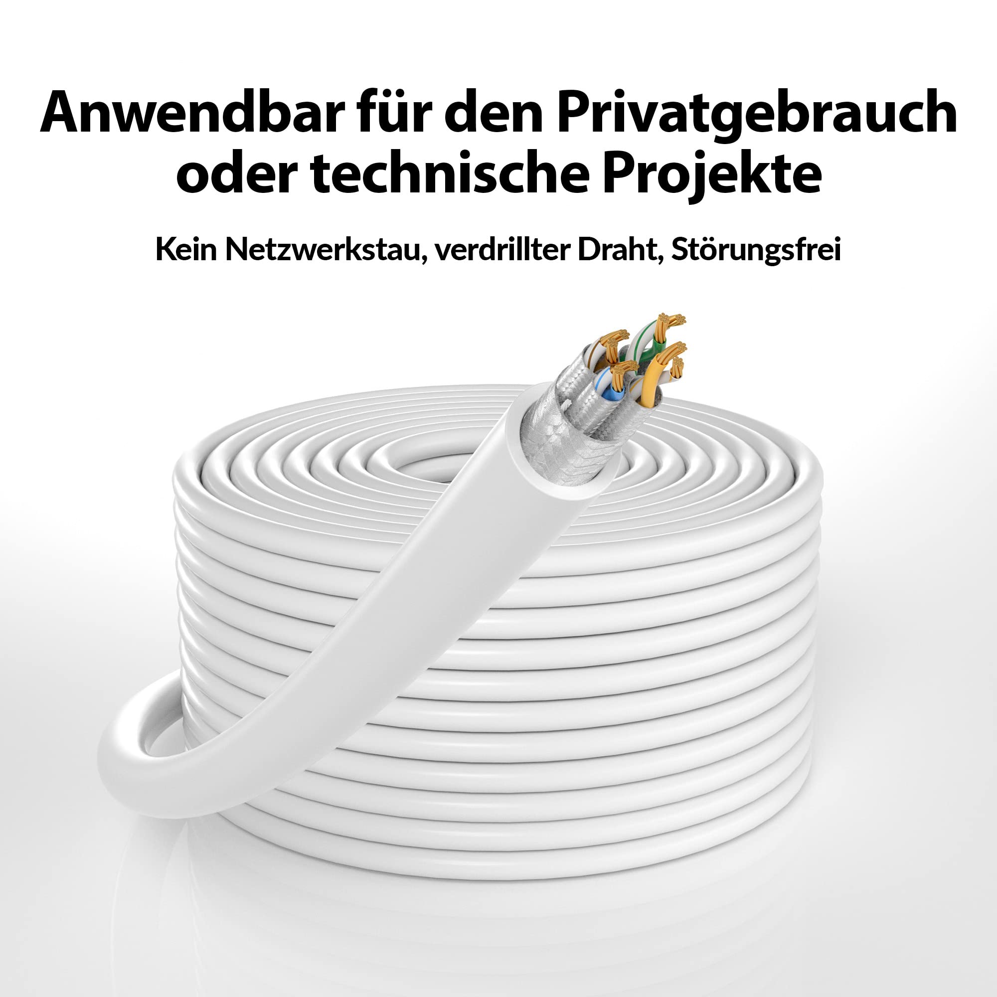 JAMEGA - 50m CAT 7 Netzwerkkabel Gigabit Ethernet Lan Kabel in weiß | 10000 Mbit s | Patchkabel Cat.7 Rohkabel S FTP PIMF Schirmung mit RJ45 Stecker | Switch Router Modem Access Point
