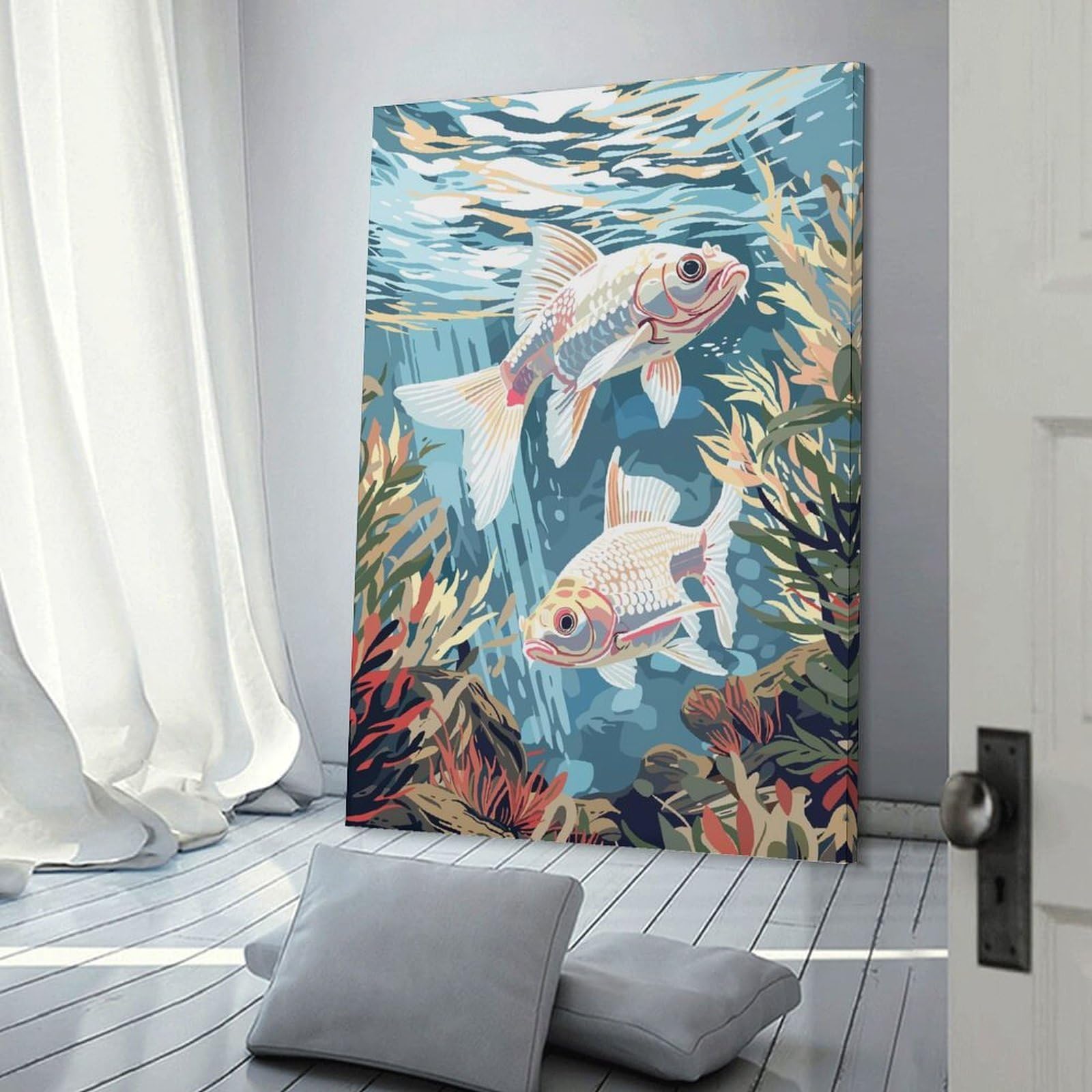 Junmoney Canvas Art Print Koi Fish Underwater, 12x18inch(30x45cm), for Office, Study Or Home Workspace, Home Office Artwork with Decorative Appeal