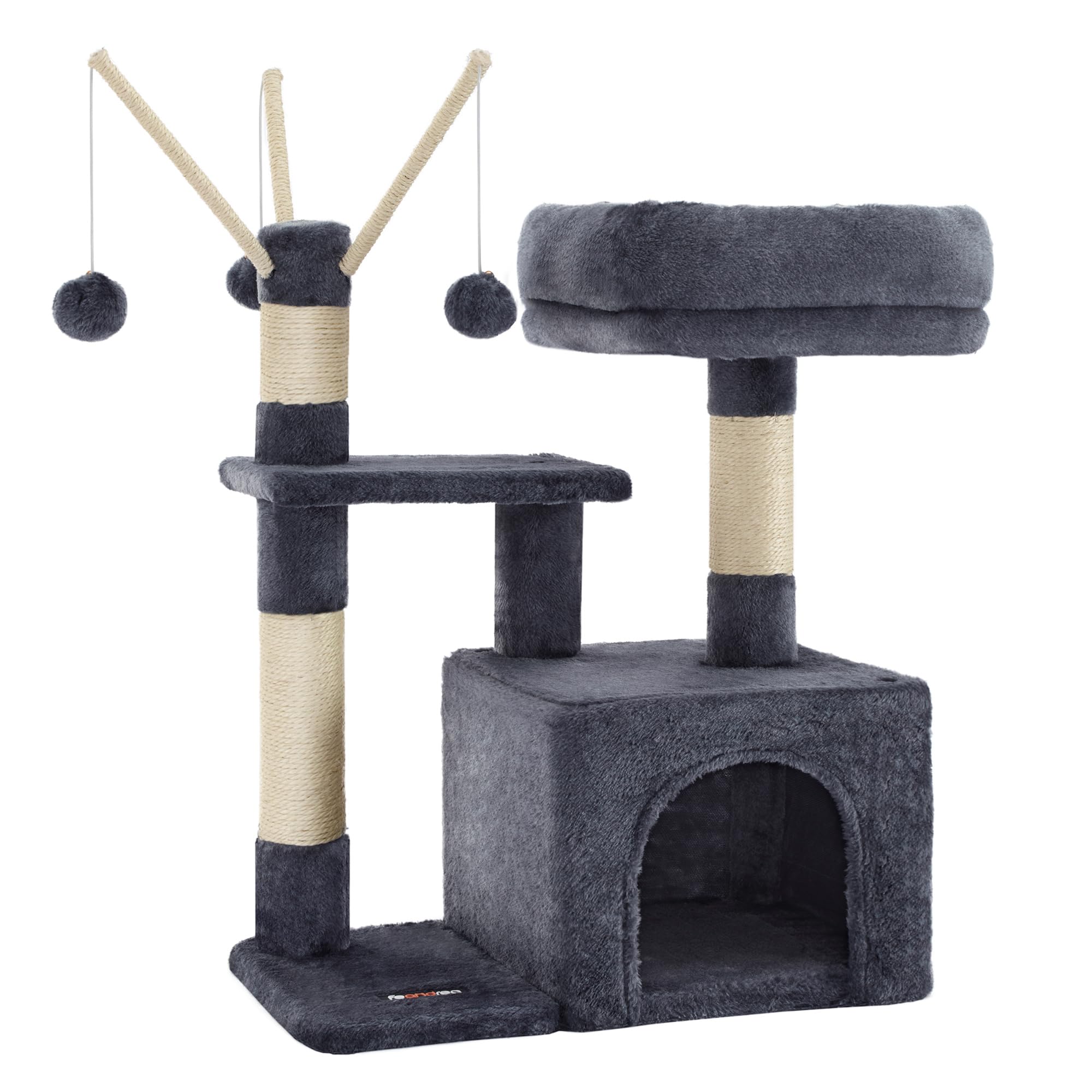 Feandrea Árbol para Gatos, Torre Pequeño de Gatos con Plataforma Acolchada, Cueva para Gatos, 3 Pompones, Centro de Actividades para Gatos, Gris Ahumado MPCT121G01