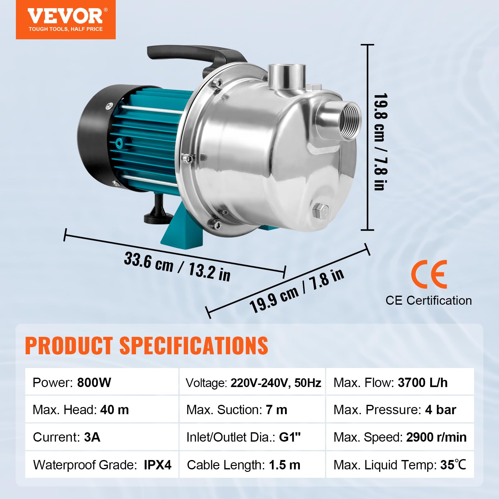 VEVOR Bomba de Chorro de Refuerzo 800W Bomba de Jardín Portátil 3700L/h Bomba de Pozo Poco Profundo Acero Inoxidable 220-240V Altura de Elevación 40m Presión 4,8 bar para Riego Trasvase de Agua Césped