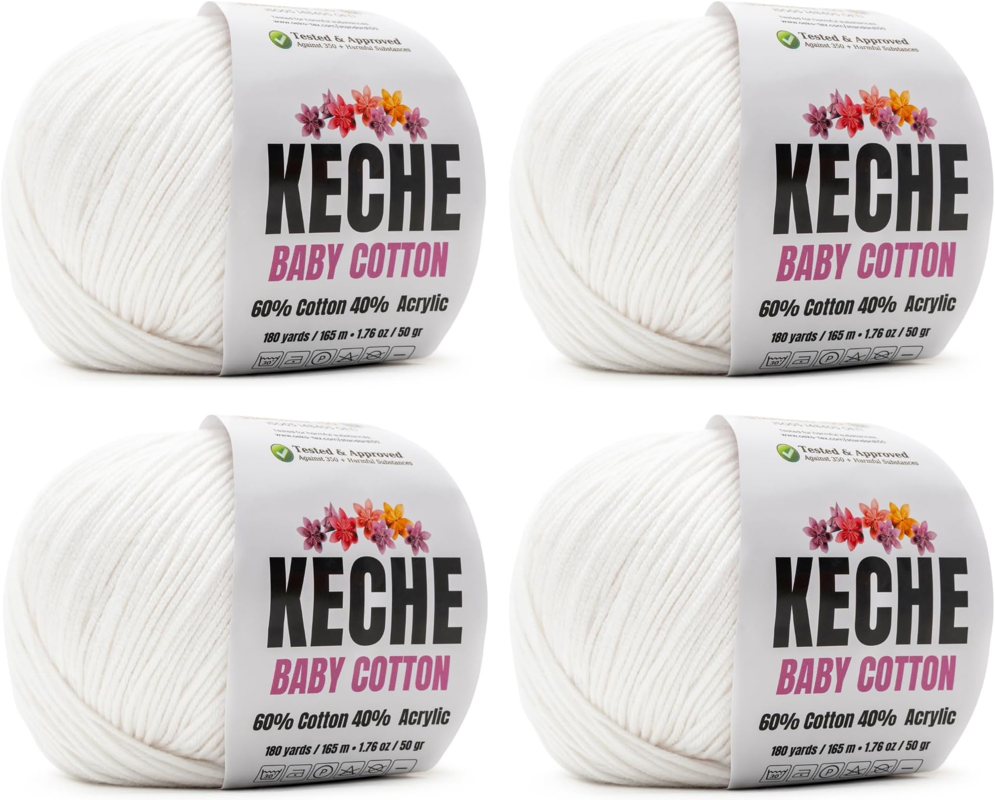 KECHE Cotton Yarn, 60% Cotton 40% Acrylic Yarn, Soft Cotton Yarn for Crochet and Knitting, Amigurumi Yarn 4 Skeins/Balls [1.76 Oz (50g) / 180 Yrds (165m)] x 4 - White