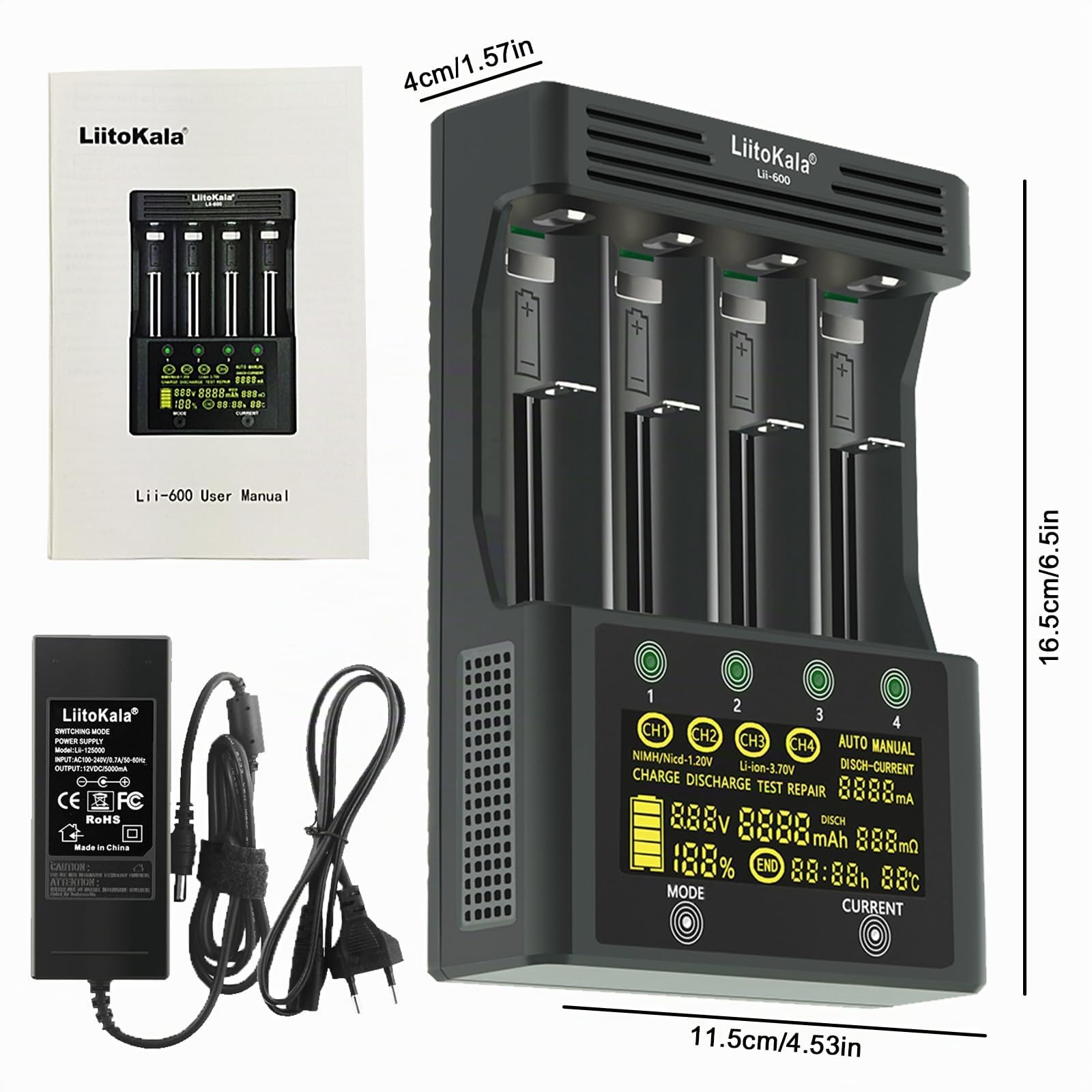 LiitoKala Lii-600 Batterieladegerät mit LCD Touch Control Display, USB 5V Mobile Output, für 14550 18490 18650 26650 Li-Lion (3.7V), AA AAA SC NI-MH Li-ion (1.2V), 12V5A, 4 Bay