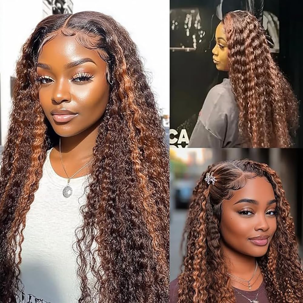 Pelucas Mujer Pelo Natural Humano Bone Curly Wave Human Hair Wig 4X1 Lace Closure Cabello Humano Glueless Wear and Go with Baby Hair Bleached Knot Highlight Brown Color 34 Inch