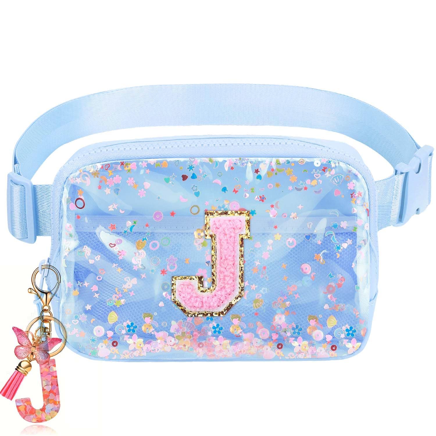 Initial Fanny Pack for Girls - Belt Bag for Teens Kid Teen Girl Kid Birthday Gift Blue Clear J