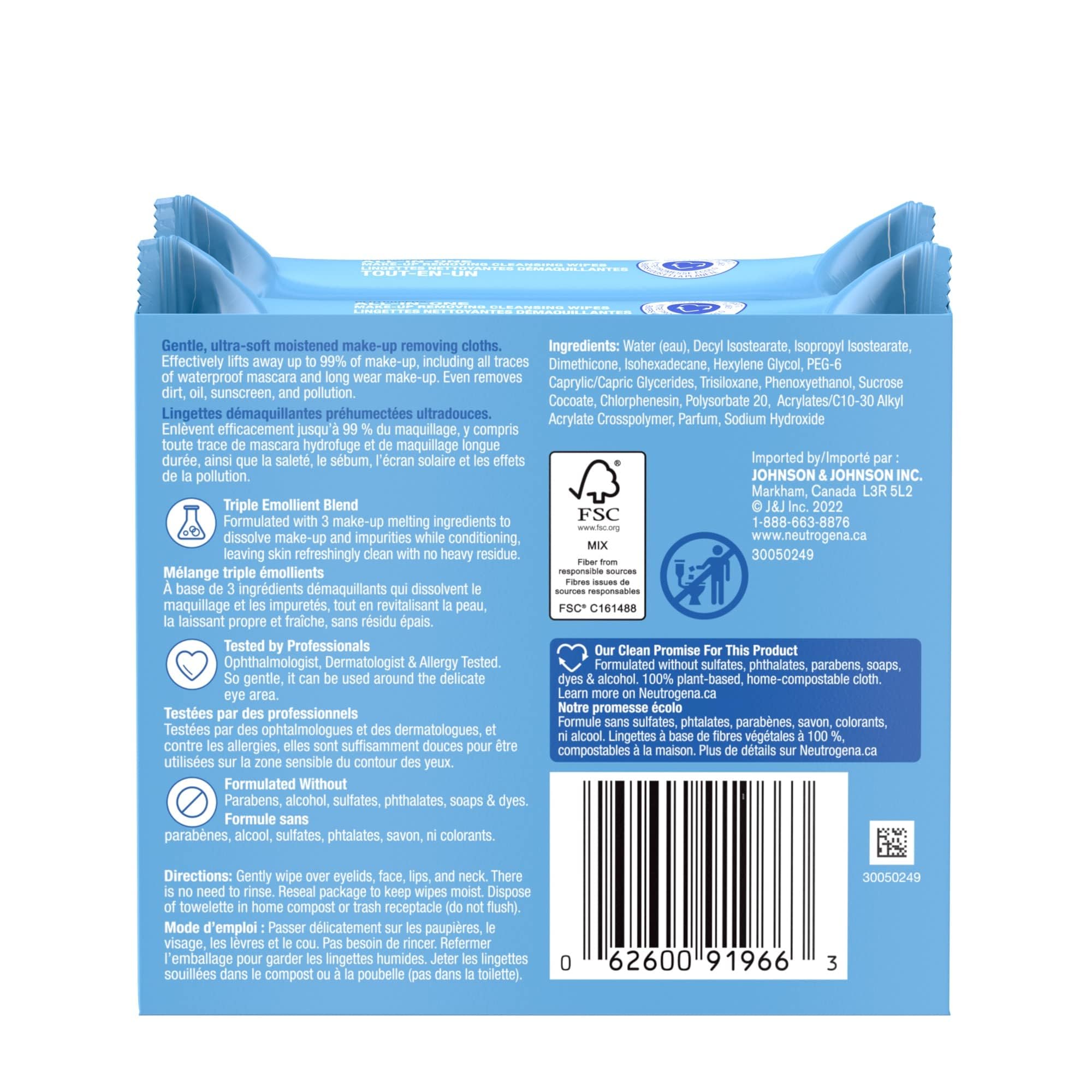 Neutrogena All-in-One Makeup Removing Cleansing Wipes - Gentle Cleansing Towelettes Remove Make-up & Waterproof Mascara - Plant-Based, Alcohol-Free Formula for Sensitive Eye Area - Value Twin Pack, 50 Count - 4