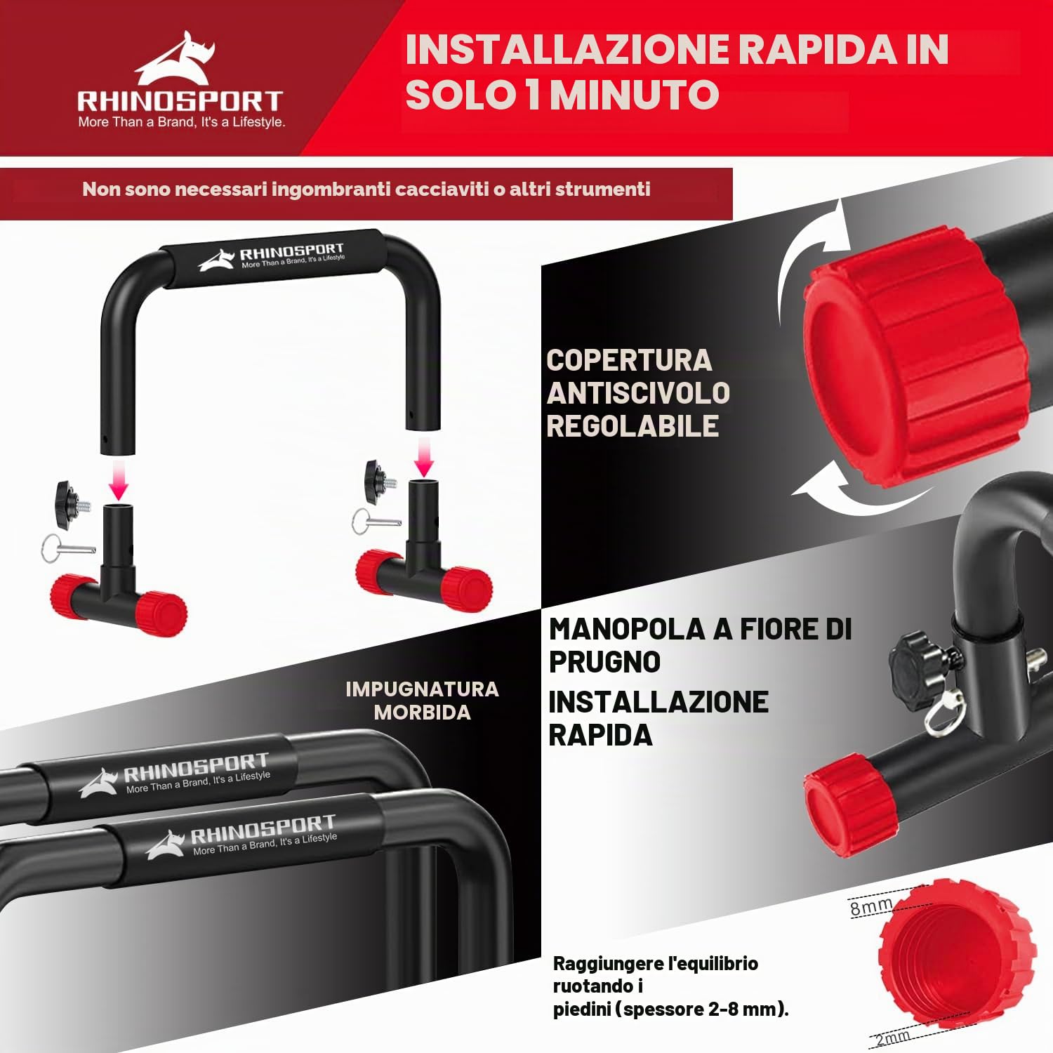 RHINOSPORT Parallettes Bars Dip Calisthenics Push Up Bar Calisthenics Attrezzature Calisthenics 25,9cm di altezza 300kg Capacità di peso per allenamento della forza Allenamento