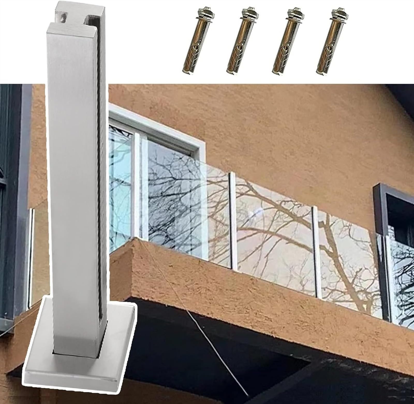 Poteau de balustrade en verre contre le vide : kit complet carré 105cm anti-chute