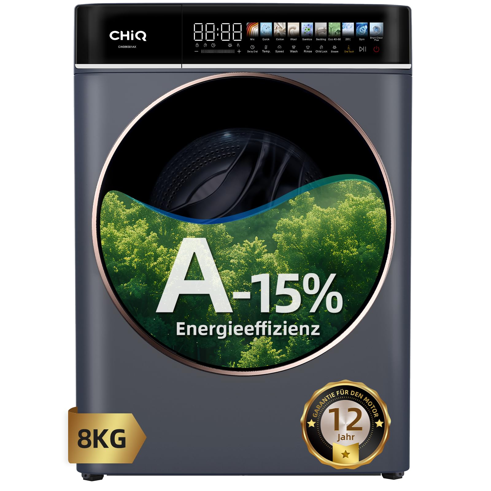 CHiQ Waschmaschine 8kg Frontlader, 1400 U/min, EEK A-15%, Touchscreen, Dampffunktion, 52cm tief, Schwarz