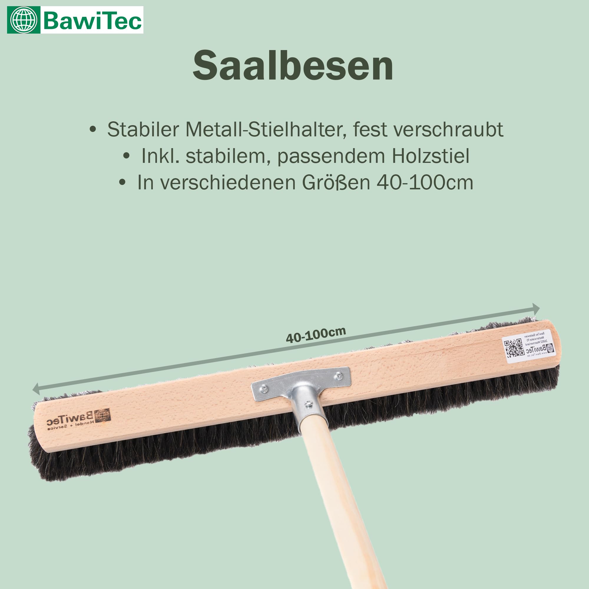 Rosshaar Besen Saalbesen 60cm weiche Borsten mit Stiel 160cm Besenstiel | Sehr weiche feine Naturhaar-Rosshaar-Borsten, Holzstiel-Ø 28mm, Metall-Stielhalter