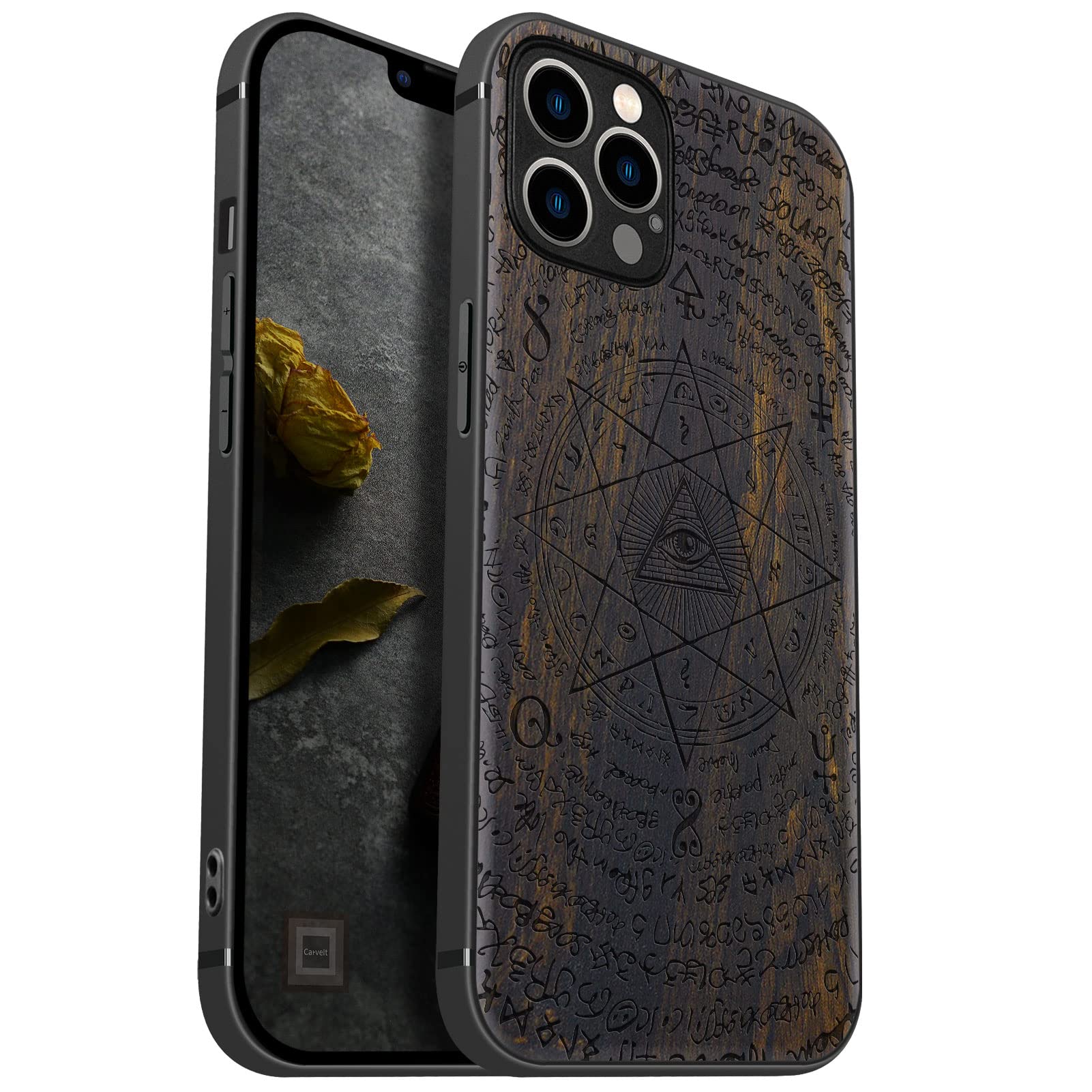 Carveit Magnetic Wood Case for iPhone 12 Pro Max Case [Natural Wood & Black Soft TPU] Shockproof Protective Cover Unique Wooden Case Compatible with magsafe (All-Seeing Eye-Blackwood)